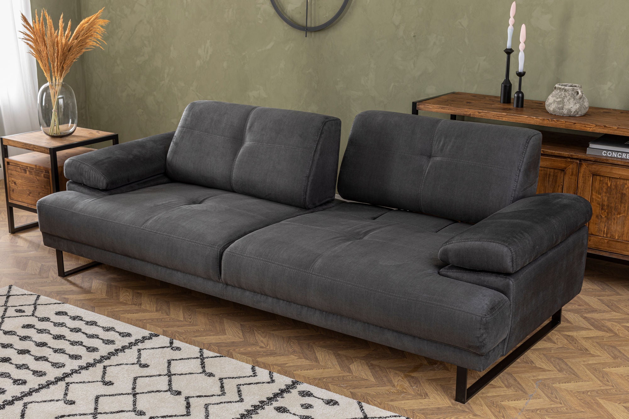 Sofá-cama elegante de 3 lugares, antracite, 239 x 99 x 83 cm | Estrutura em madeira de faia e aglomerado, 100% poliéster, encosto ajustável, design industrial moderno