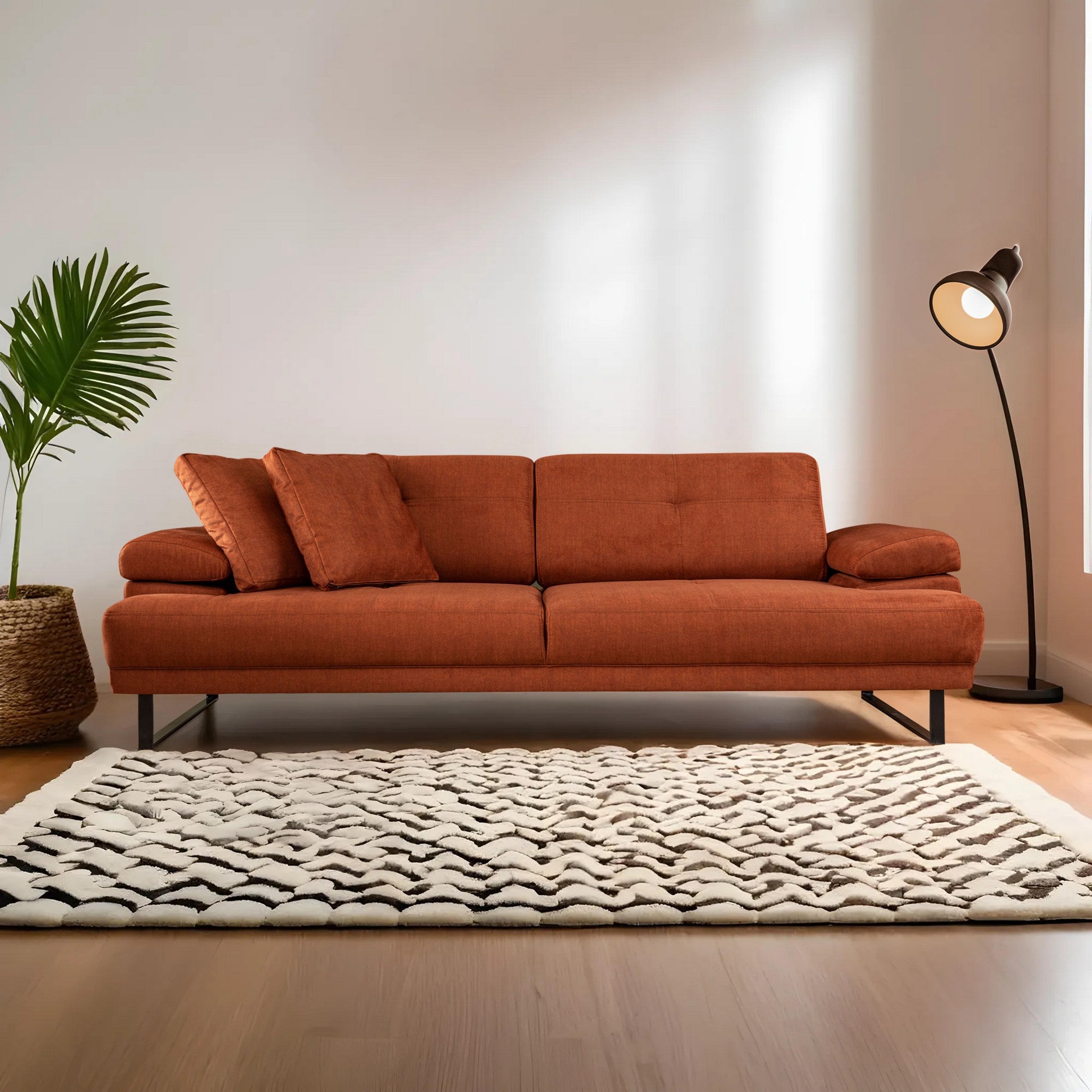 Sofá-cama elegante de 3 lugares, laranja, 239 cm | Estrutura em madeira de faia e aglomerado, encosto ajustável, espuma macia, pernas de metal preto fosco | Perfeito para espaços modernos