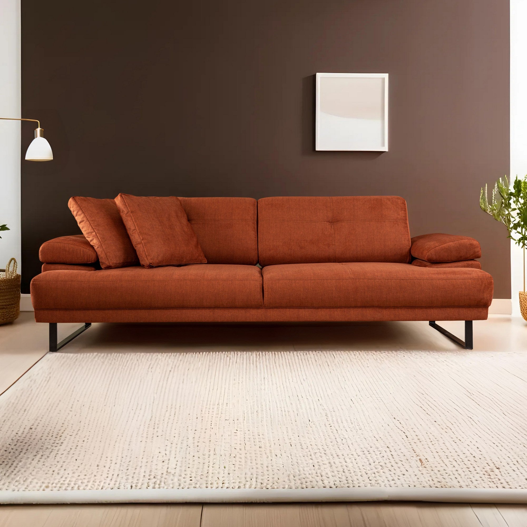 Sofá-cama elegante de 3 lugares, laranja, 239 cm | Estrutura em madeira de faia e aglomerado, encosto ajustável, espuma macia, pernas de metal preto fosco | Perfeito para espaços modernos