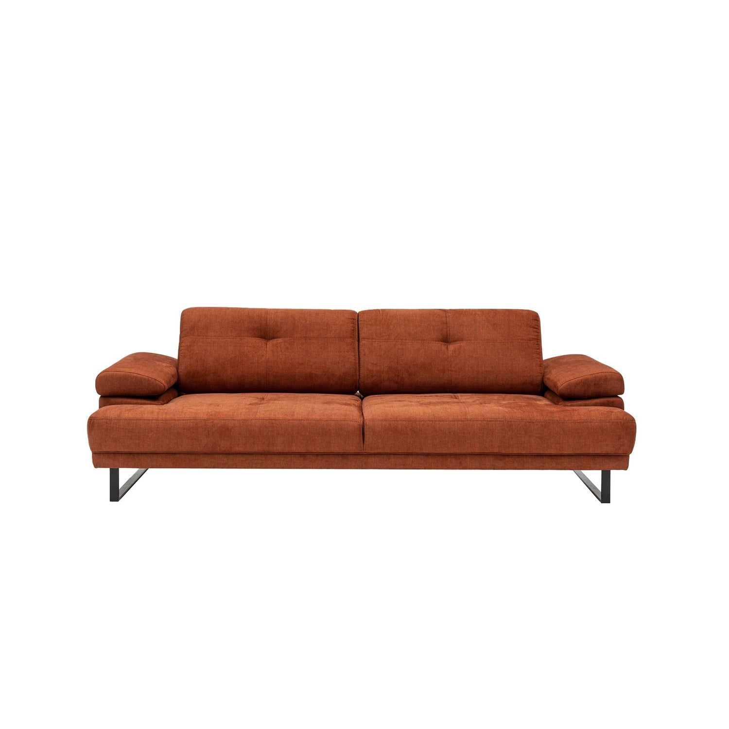 Sofá-cama elegante de 3 lugares, laranja, 239 cm | Estrutura em madeira de faia e aglomerado, encosto ajustável, espuma macia, pernas de metal preto fosco | Perfeito para espaços modernos