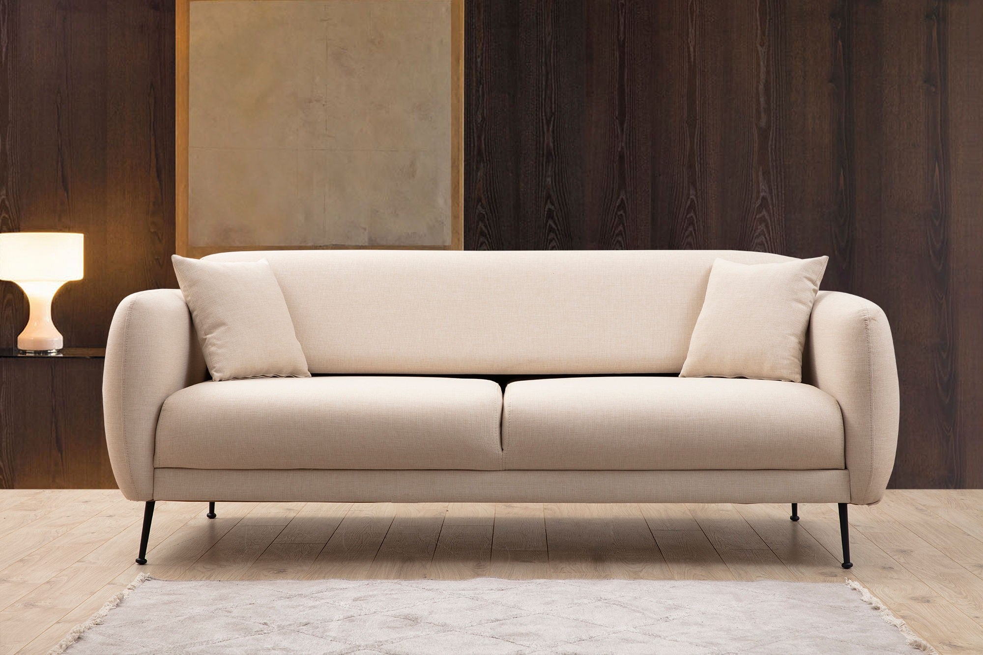 Sofá-cama de 3 lugares, bege, 214 x 98 x 85 cm | Estrutura em madeira de faia, 100% poliéster, encosto móvel, 2 almofadas incluídas | Elegante e funcional para uma vida moderna