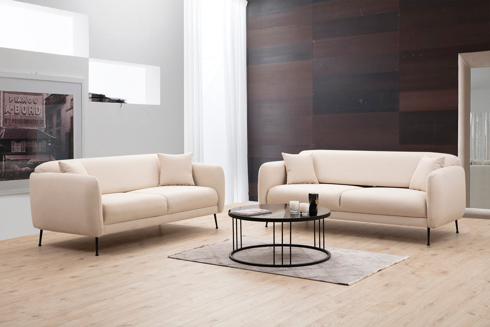 Sofá-cama de 3 lugares, bege, 214 x 98 x 85 cm | Estrutura em madeira de faia, 100% poliéster, encosto móvel, 2 almofadas incluídas | Elegante e funcional para uma vida moderna