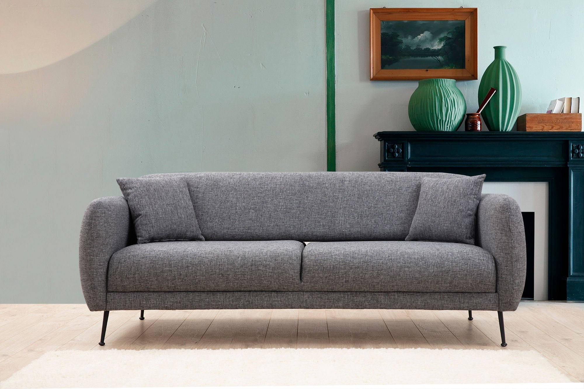 Sofá-cama elegante de 3 lugares, poliéster cinza, 214 x 98 x 85 cm | Estrutura de madeira de faia, encosto móvel, 2 almofadas incluídas | Design industrial moderno