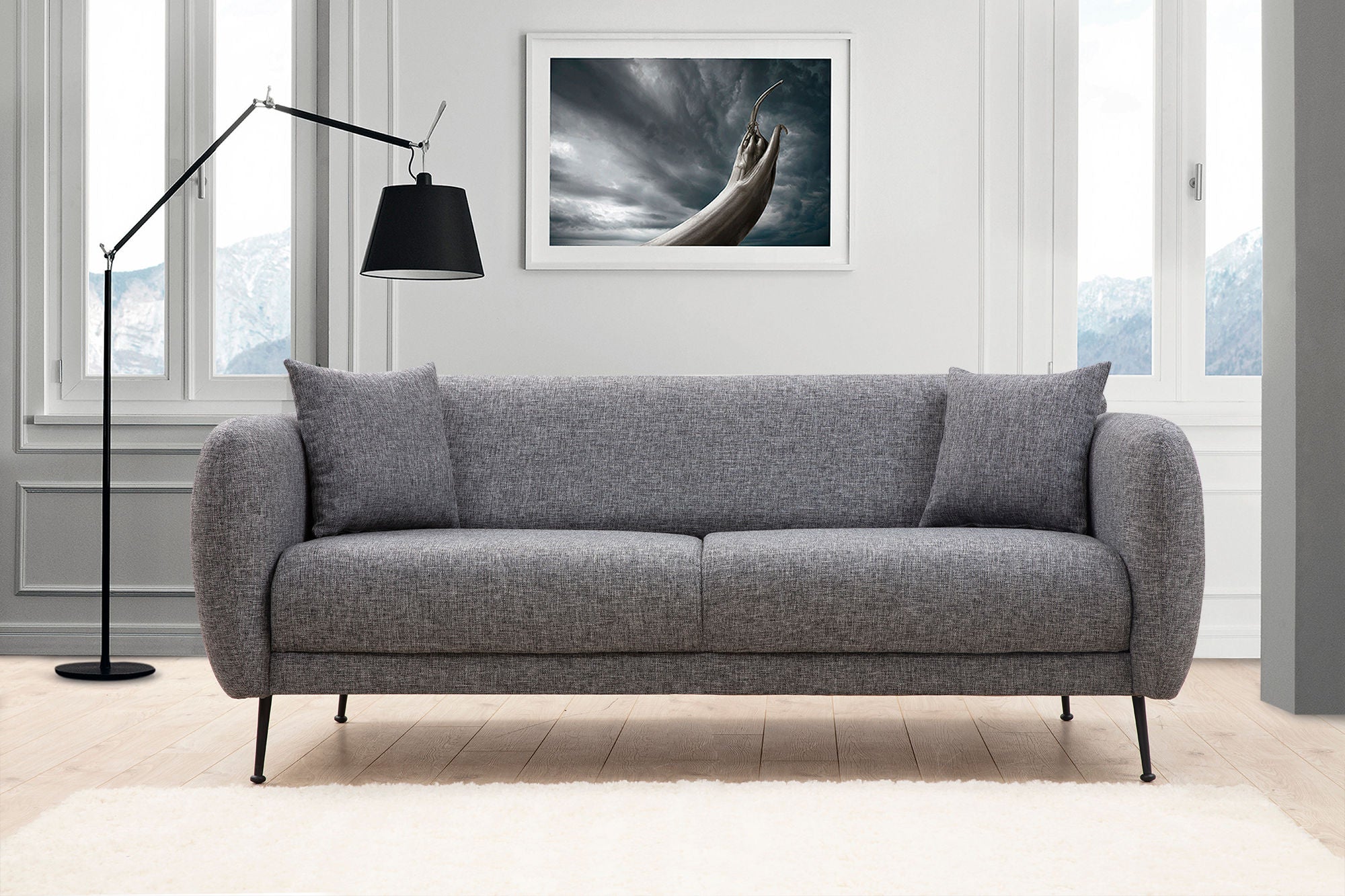 Sofá-cama elegante de 3 lugares, poliéster cinza, 214 x 98 x 85 cm | Estrutura de madeira de faia, encosto móvel, 2 almofadas incluídas | Design industrial moderno
