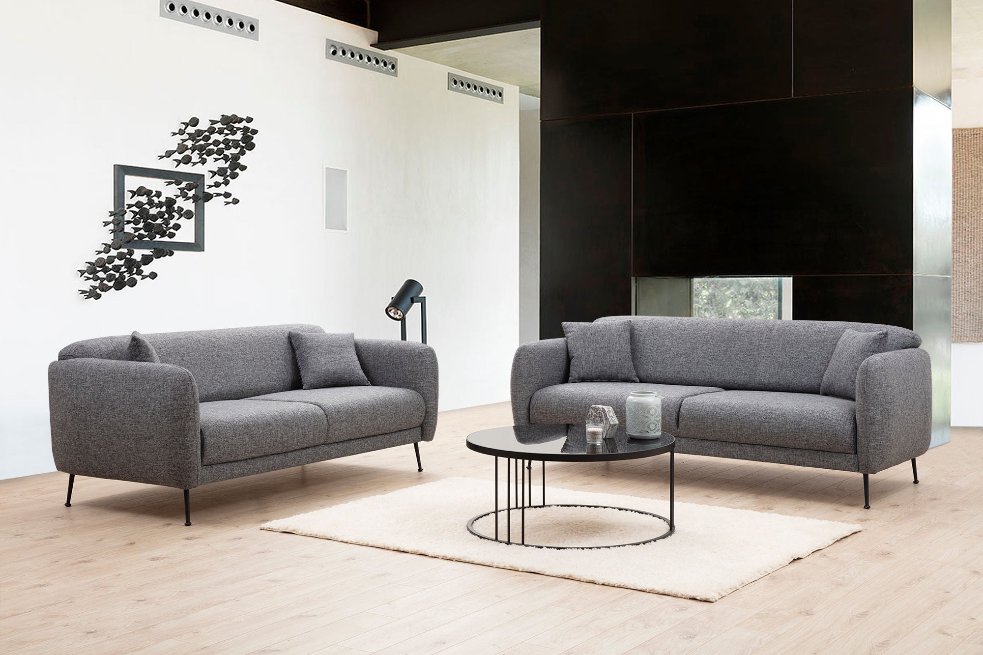 Sofá-cama elegante de 3 lugares, poliéster cinza, 214 x 98 x 85 cm | Estrutura de madeira de faia, encosto móvel, 2 almofadas incluídas | Design industrial moderno