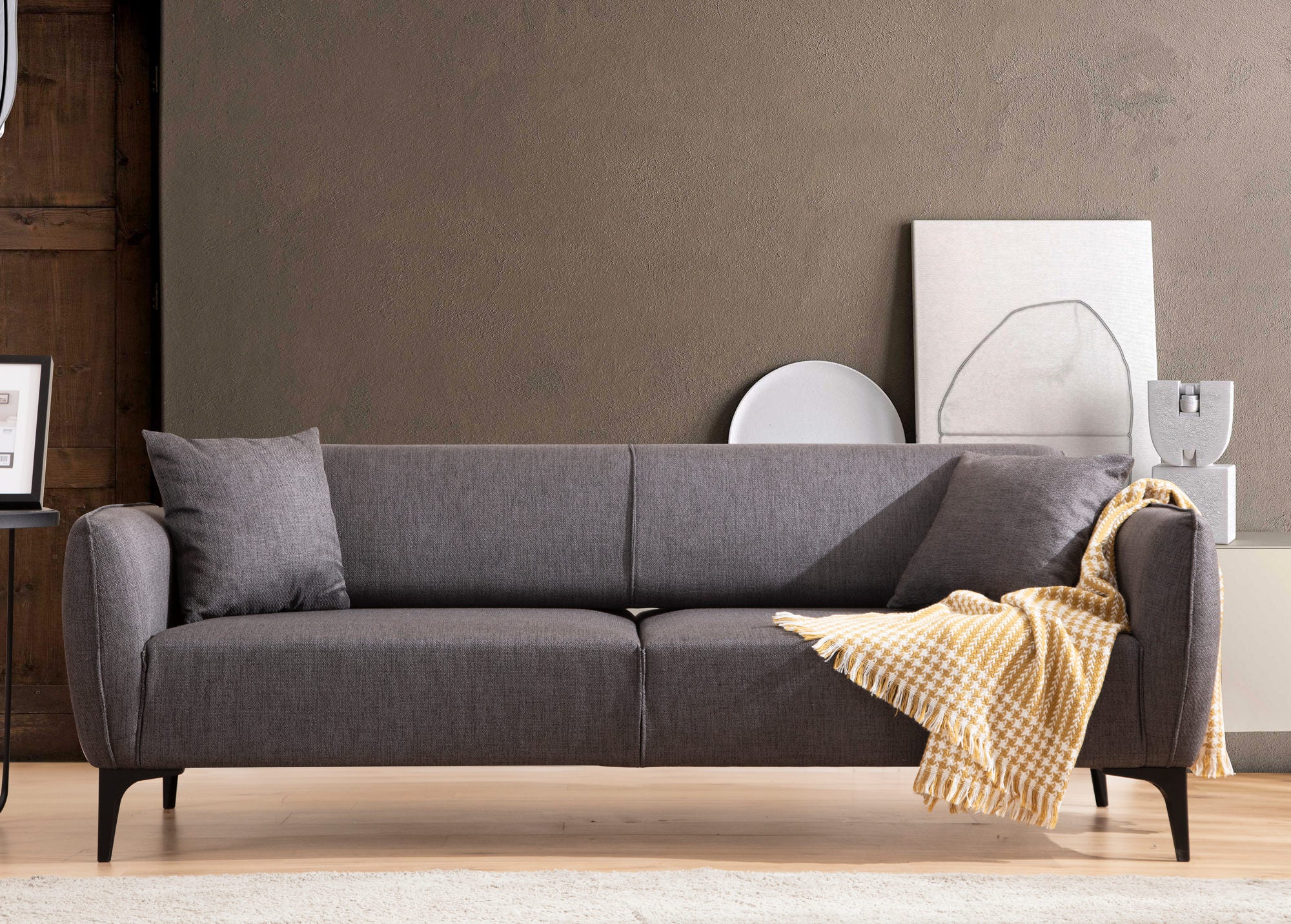 Sofá elegante de 3 lugares, cinza escuro, 220 cm | Estrutura em madeira de faia e aglomerado, 100% poliéster, encosto giratório, inclui 2 almofadas | Design industrial moderno