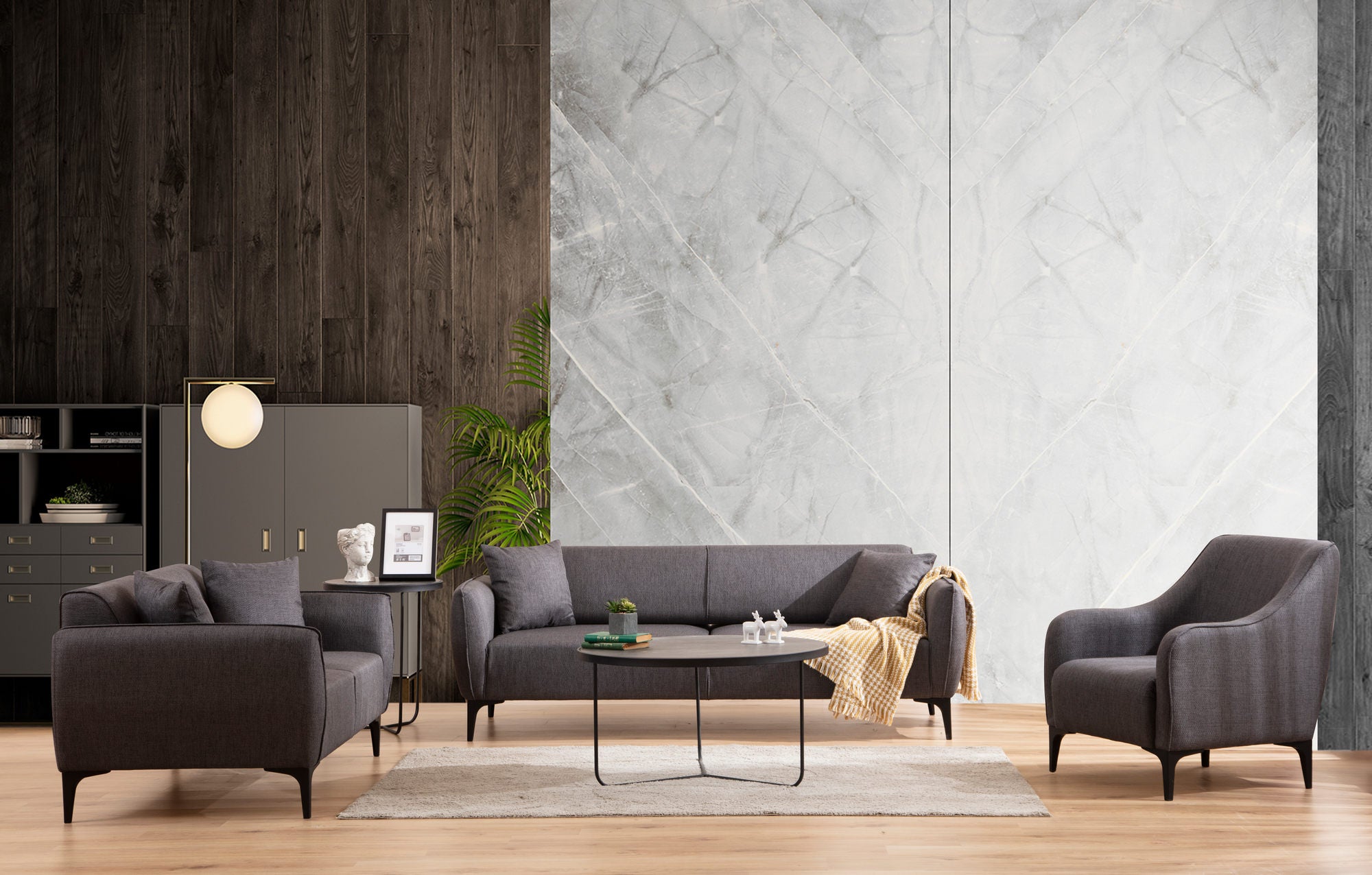 Sofá elegante de 3 lugares, cinza escuro, 220 cm | Estrutura em madeira de faia e aglomerado, 100% poliéster, encosto giratório, inclui 2 almofadas | Design industrial moderno