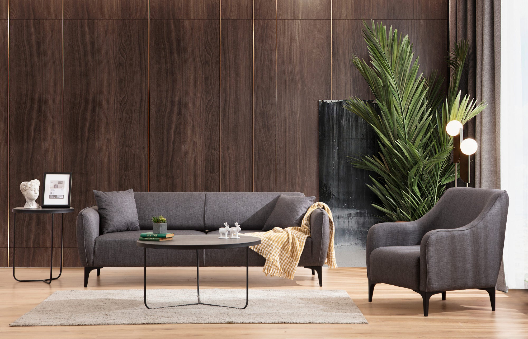 Sofá elegante de 3 lugares, cinza escuro, 220 cm | Estrutura em madeira de faia e aglomerado, 100% poliéster, encosto giratório, inclui 2 almofadas | Design industrial moderno