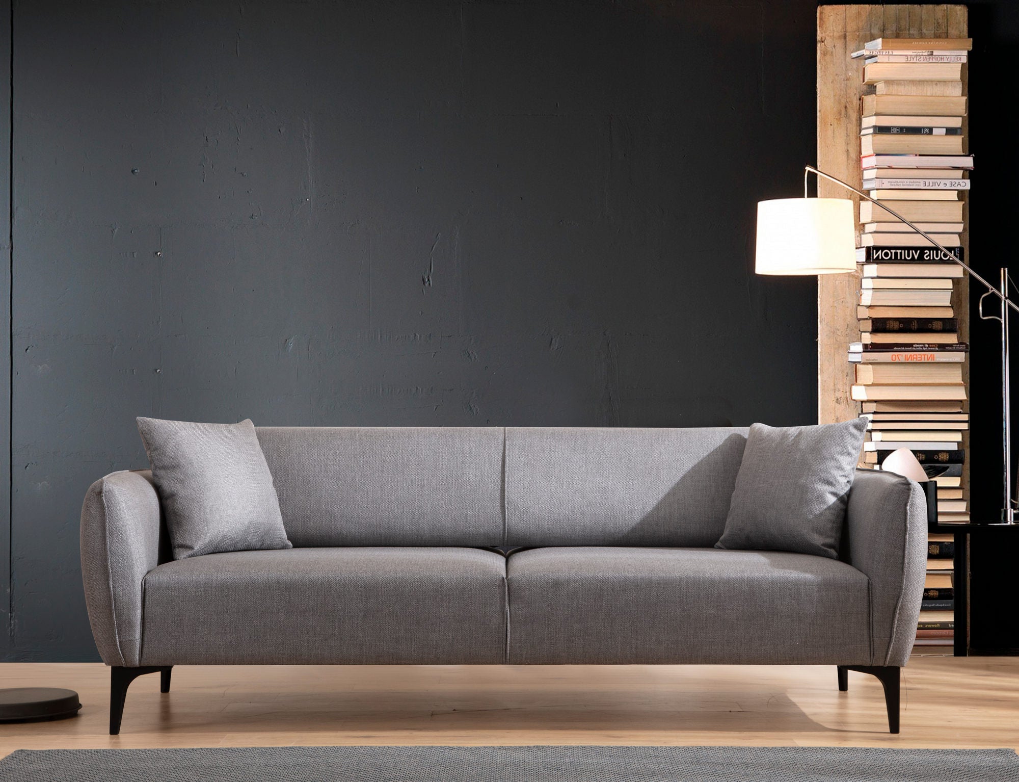 Sofá elegante de 3 lugares, cinza, 220 cm | Estrutura em madeira de faia e aglomerado, tecido 100% poliéster | Encosto giratório, 2 almofadas incluídas, design industrial moderno