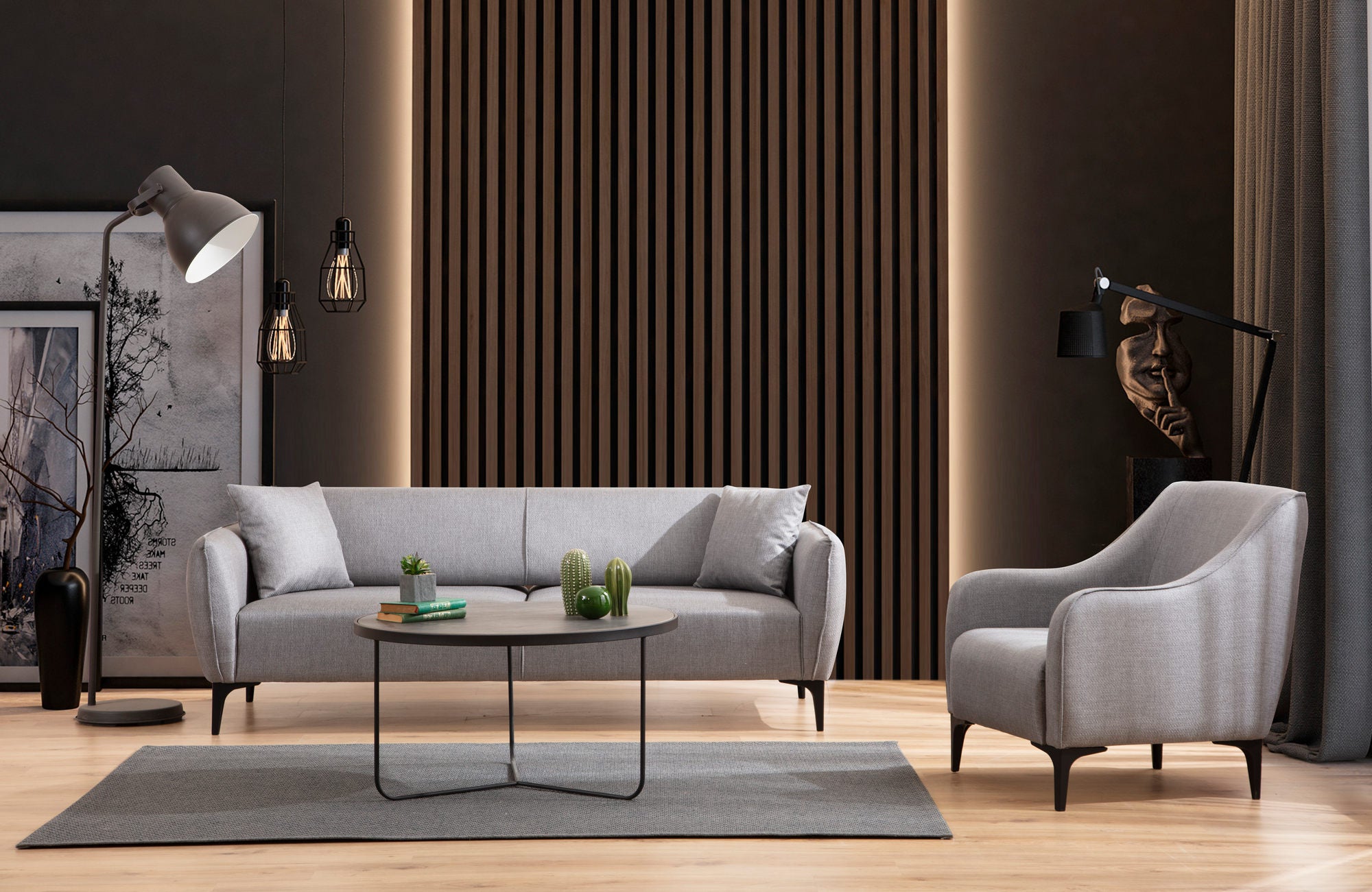Sofá elegante de 3 lugares, cinza, 220 cm | Estrutura em madeira de faia e aglomerado, tecido 100% poliéster | Encosto giratório, 2 almofadas incluídas, design industrial moderno