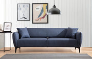 Sofá elegante de 3 lugares, azul, 220 cm | Estrutura em madeira de faia e aglomerado, 100% poliéster, encosto giratório, inclui 2 almofadas | Perfeito para espaços modernos