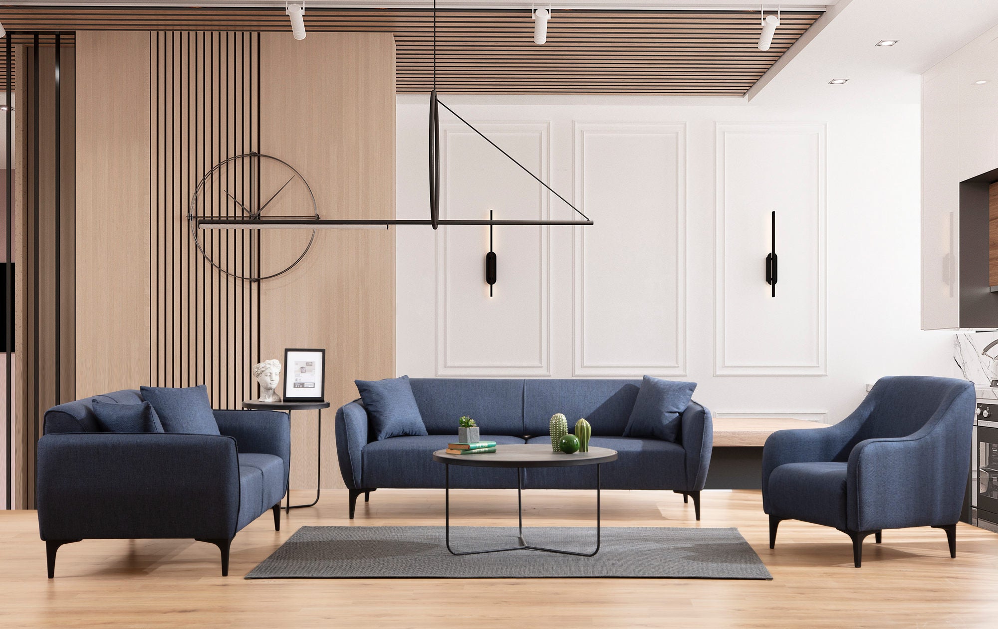 Sofá elegante de 3 lugares, azul, 220 cm | Estrutura em madeira de faia e aglomerado, 100% poliéster, encosto giratório, inclui 2 almofadas | Perfeito para espaços modernos