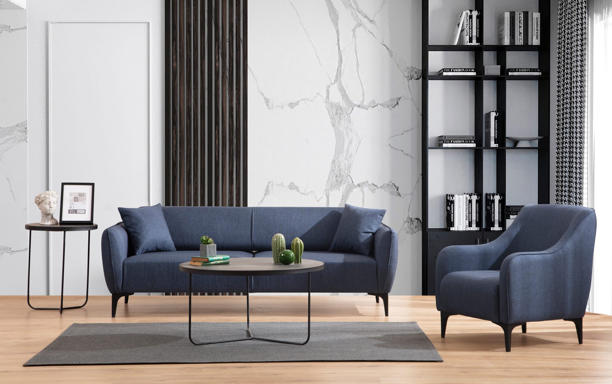 Sofá elegante de 3 lugares, azul, 220 cm | Estrutura em madeira de faia e aglomerado, 100% poliéster, encosto giratório, inclui 2 almofadas | Perfeito para espaços modernos
