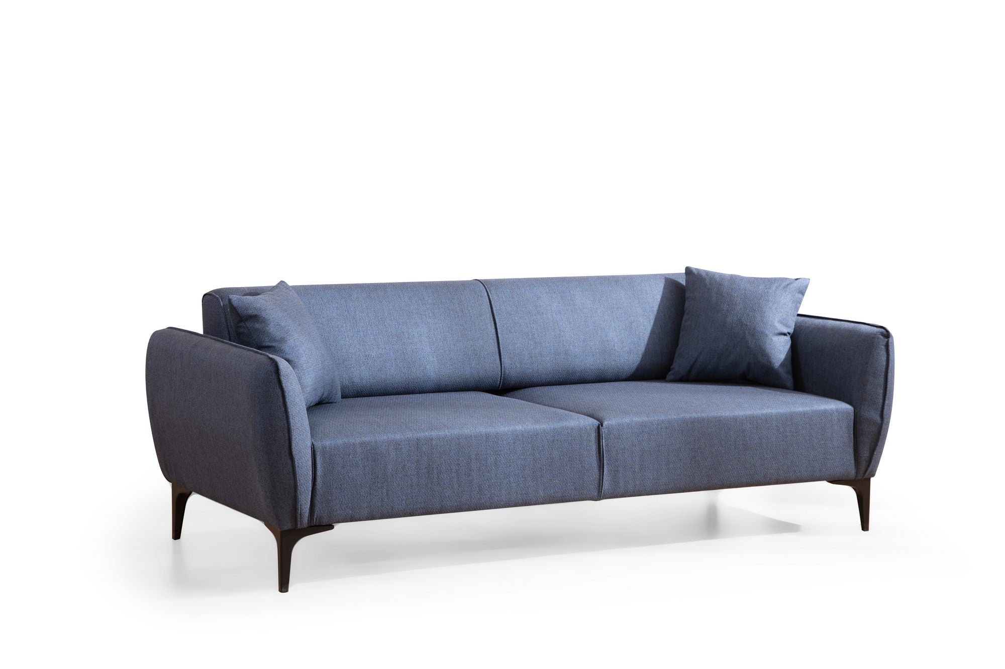 Sofá elegante de 3 lugares, azul, 220 cm | Estrutura em madeira de faia e aglomerado, 100% poliéster, encosto giratório, inclui 2 almofadas | Perfeito para espaços modernos