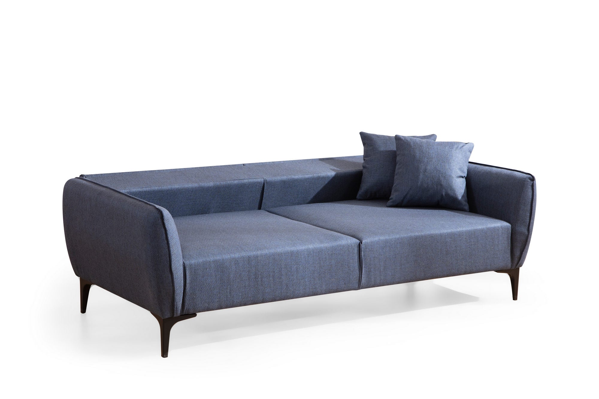 Sofá elegante de 3 lugares, azul, 220 cm | Estrutura em madeira de faia e aglomerado, 100% poliéster, encosto giratório, inclui 2 almofadas | Perfeito para espaços modernos