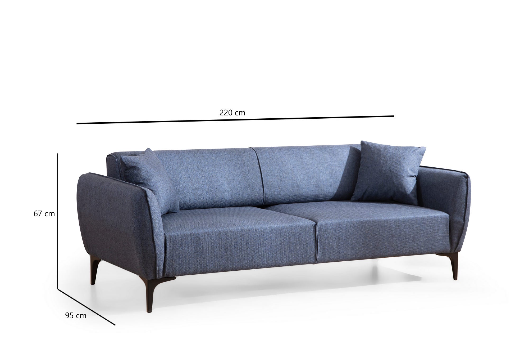 Sofá elegante de 3 lugares, azul, 220 cm | Estrutura em madeira de faia e aglomerado, 100% poliéster, encosto giratório, inclui 2 almofadas | Perfeito para espaços modernos