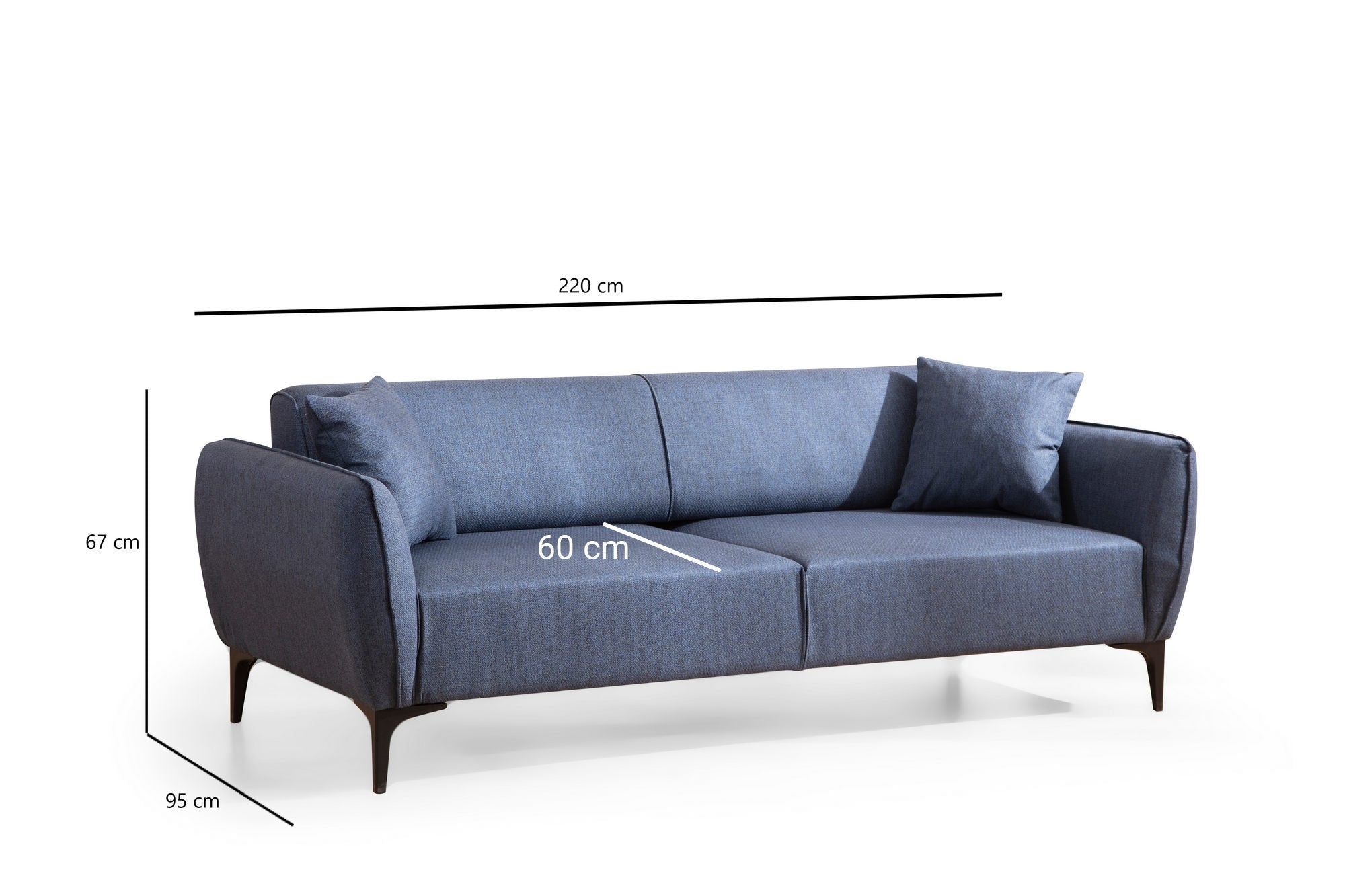 Sofá elegante de 3 lugares, azul, 220 cm | Estrutura em madeira de faia e aglomerado, 100% poliéster, encosto giratório, inclui 2 almofadas | Perfeito para espaços modernos