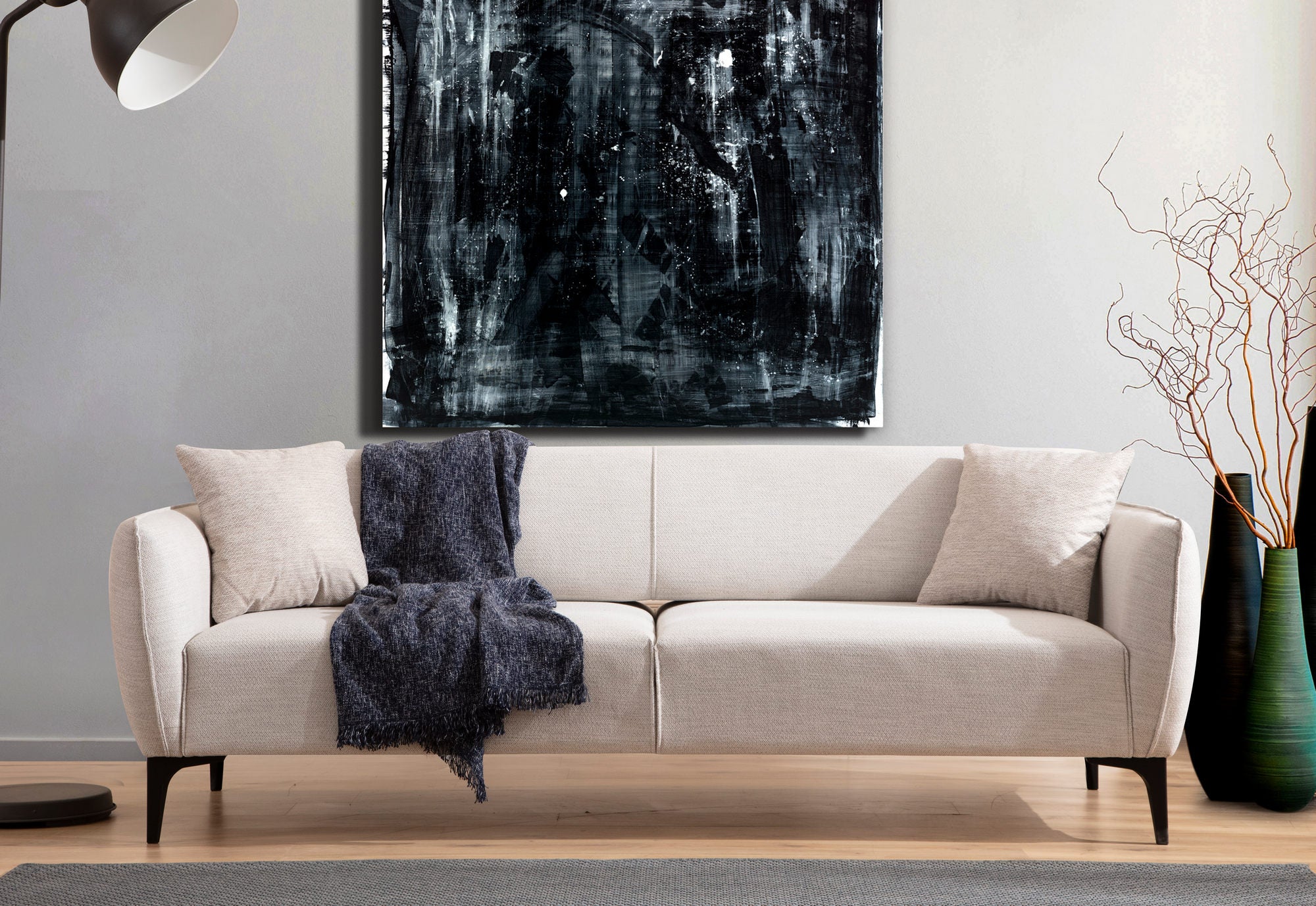 Sofá elegante de 3 lugares, branco-sujo, 220 cm | Estrutura em madeira de faia e aglomerado, 100% poliéster, encosto giratório, inclui 2 almofadas | Design escandinavo moderno
