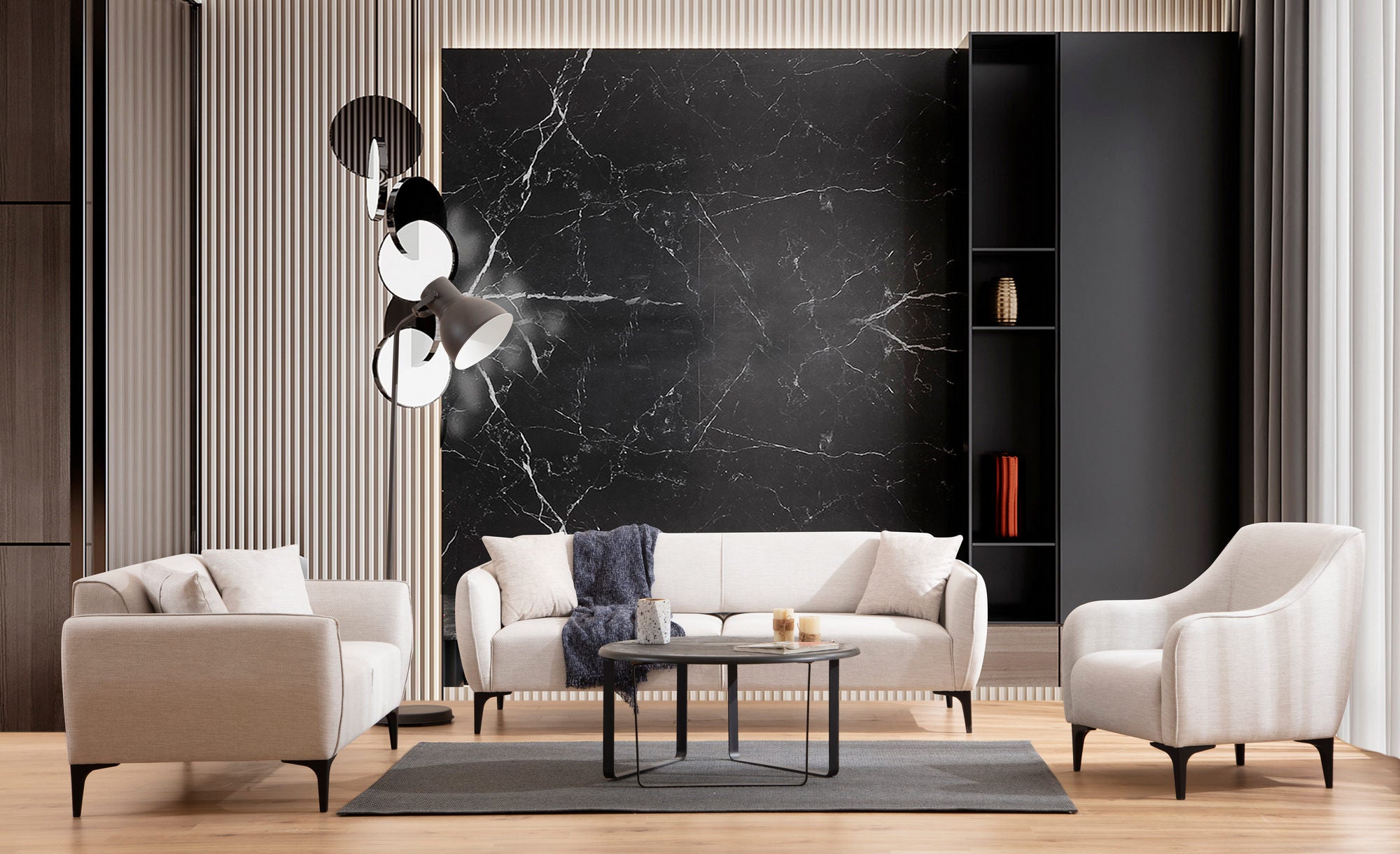 Sofá elegante de 3 lugares, branco-sujo, 220 cm | Estrutura em madeira de faia e aglomerado, 100% poliéster, encosto giratório, inclui 2 almofadas | Design escandinavo moderno