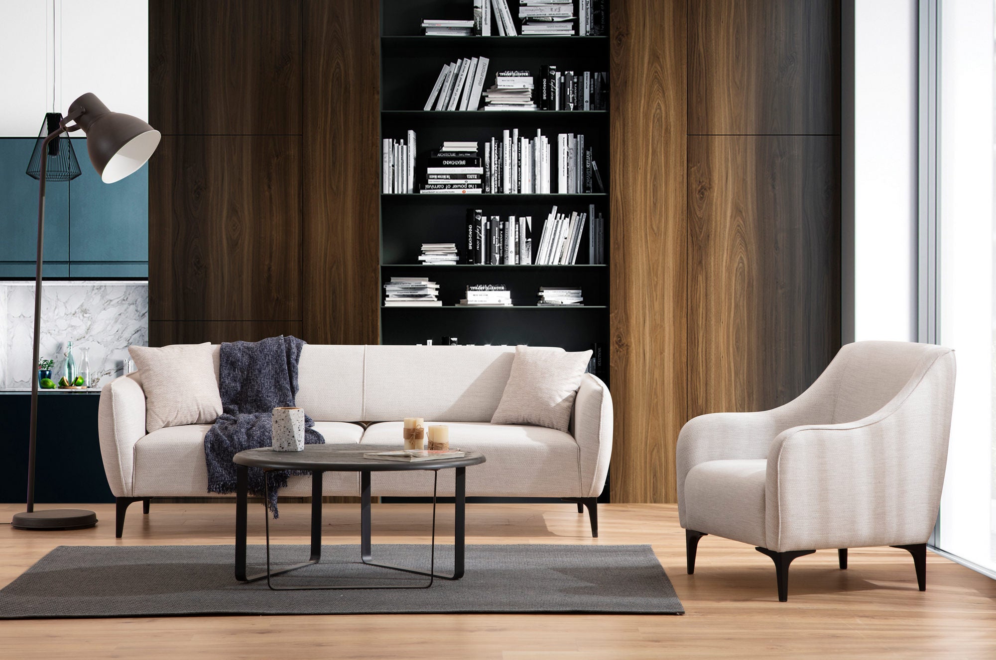 Sofá elegante de 3 lugares, branco-sujo, 220 cm | Estrutura em madeira de faia e aglomerado, 100% poliéster, encosto giratório, inclui 2 almofadas | Design escandinavo moderno