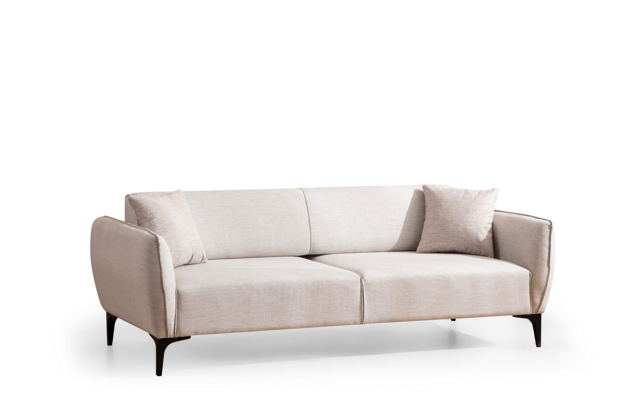 Sofá elegante de 3 lugares, branco-sujo, 220 cm | Estrutura em madeira de faia e aglomerado, 100% poliéster, encosto giratório, inclui 2 almofadas | Design escandinavo moderno