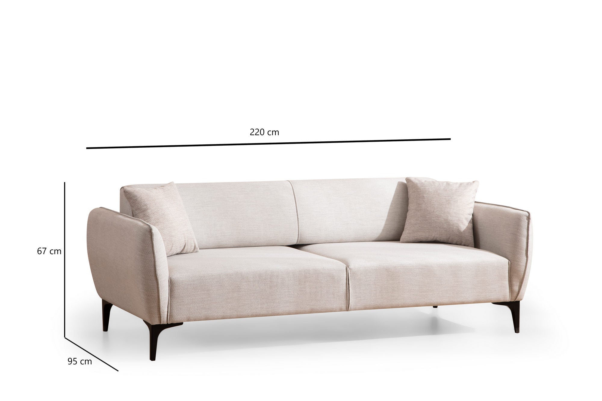 Sofá elegante de 3 lugares, branco-sujo, 220 cm | Estrutura em madeira de faia e aglomerado, 100% poliéster, encosto giratório, inclui 2 almofadas | Design escandinavo moderno