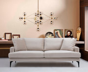 Sofá elegante de 2 lugares, bege, 175 x 90 x 88 cm | Estrutura em madeira de faia e aglomerado, espuma cinza macia, tecido lavável a seco, pernas de metal preto fosco | Perfeito para espaços modernos