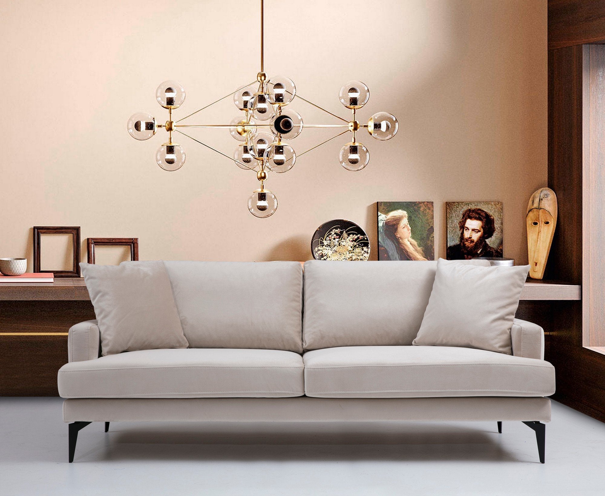 Sofá elegante de 2 lugares, bege, 175 x 90 x 88 cm | Estrutura em madeira de faia e aglomerado, espuma cinza macia, tecido lavável a seco, pernas de metal preto fosco | Perfeito para espaços modernos