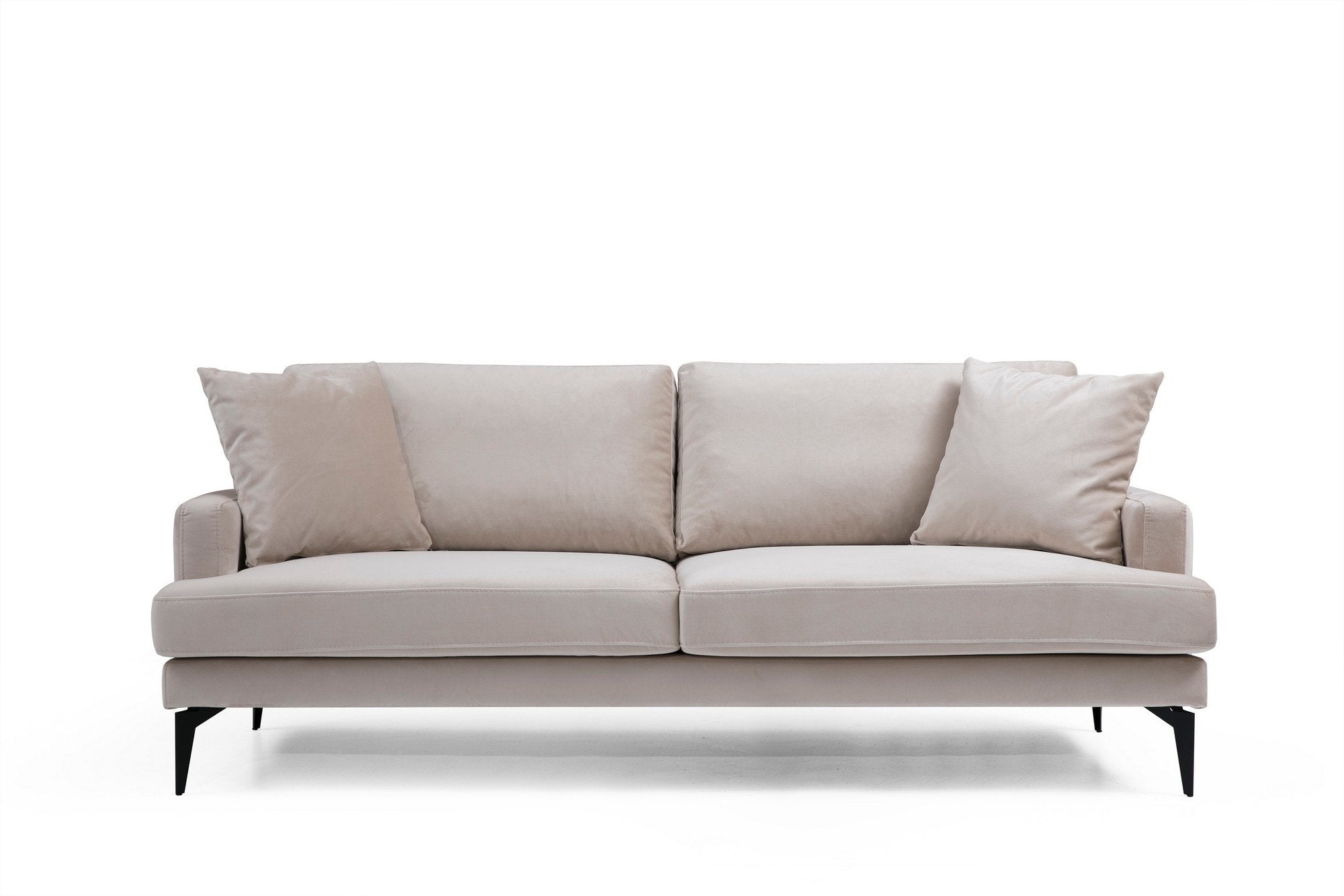 Sofá elegante de 2 lugares, bege, 175 x 90 x 88 cm | Estrutura em madeira de faia e aglomerado, espuma cinza macia, tecido lavável a seco, pernas de metal preto fosco | Perfeito para espaços modernos
