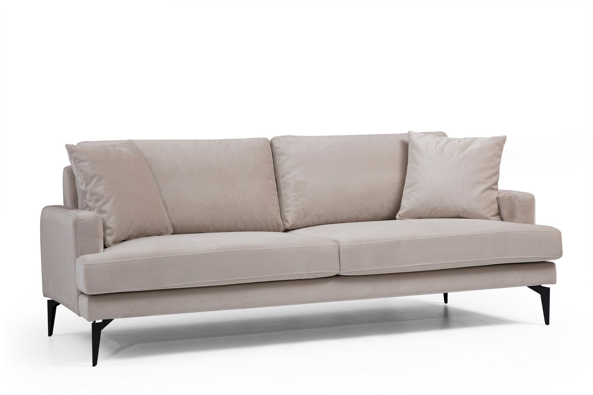 Sofá elegante de 2 lugares, bege, 175 x 90 x 88 cm | Estrutura em madeira de faia e aglomerado, espuma cinza macia, tecido lavável a seco, pernas de metal preto fosco | Perfeito para espaços modernos