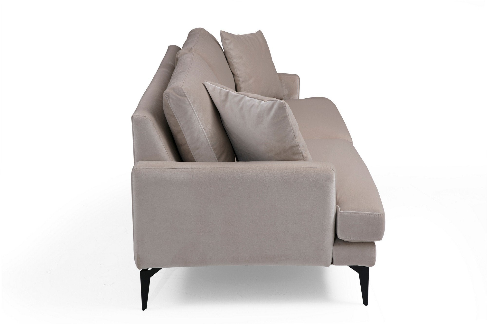 Sofá elegante de 2 lugares, bege, 175 x 90 x 88 cm | Estrutura em madeira de faia e aglomerado, espuma cinza macia, tecido lavável a seco, pernas de metal preto fosco | Perfeito para espaços modernos