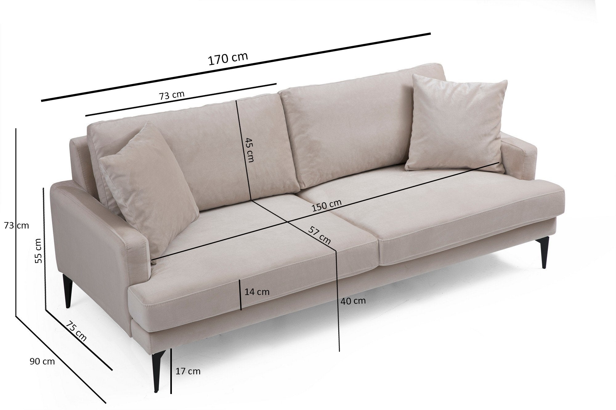Sofá elegante de 2 lugares, bege, 175 x 90 x 88 cm | Estrutura em madeira de faia e aglomerado, espuma cinza macia, tecido lavável a seco, pernas de metal preto fosco | Perfeito para espaços modernos