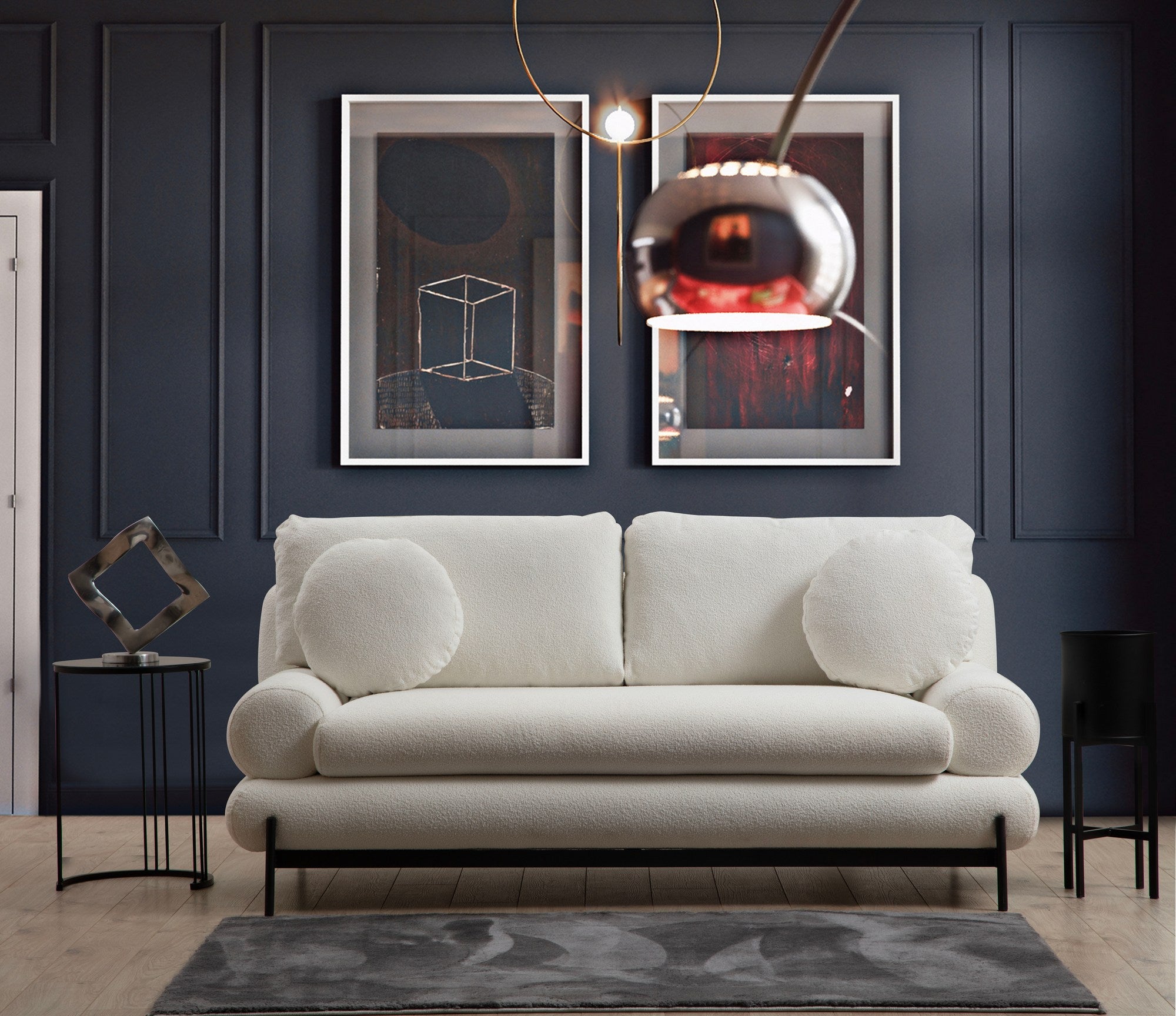 Sofá elegante de 2 lugares, branco, 188 x 85 x 92 cm | Estrutura em madeira de faia e aglomerado, tecido 100% poliéster | Encosto em espuma cinza macia e silicone, inclui 2 almofadas