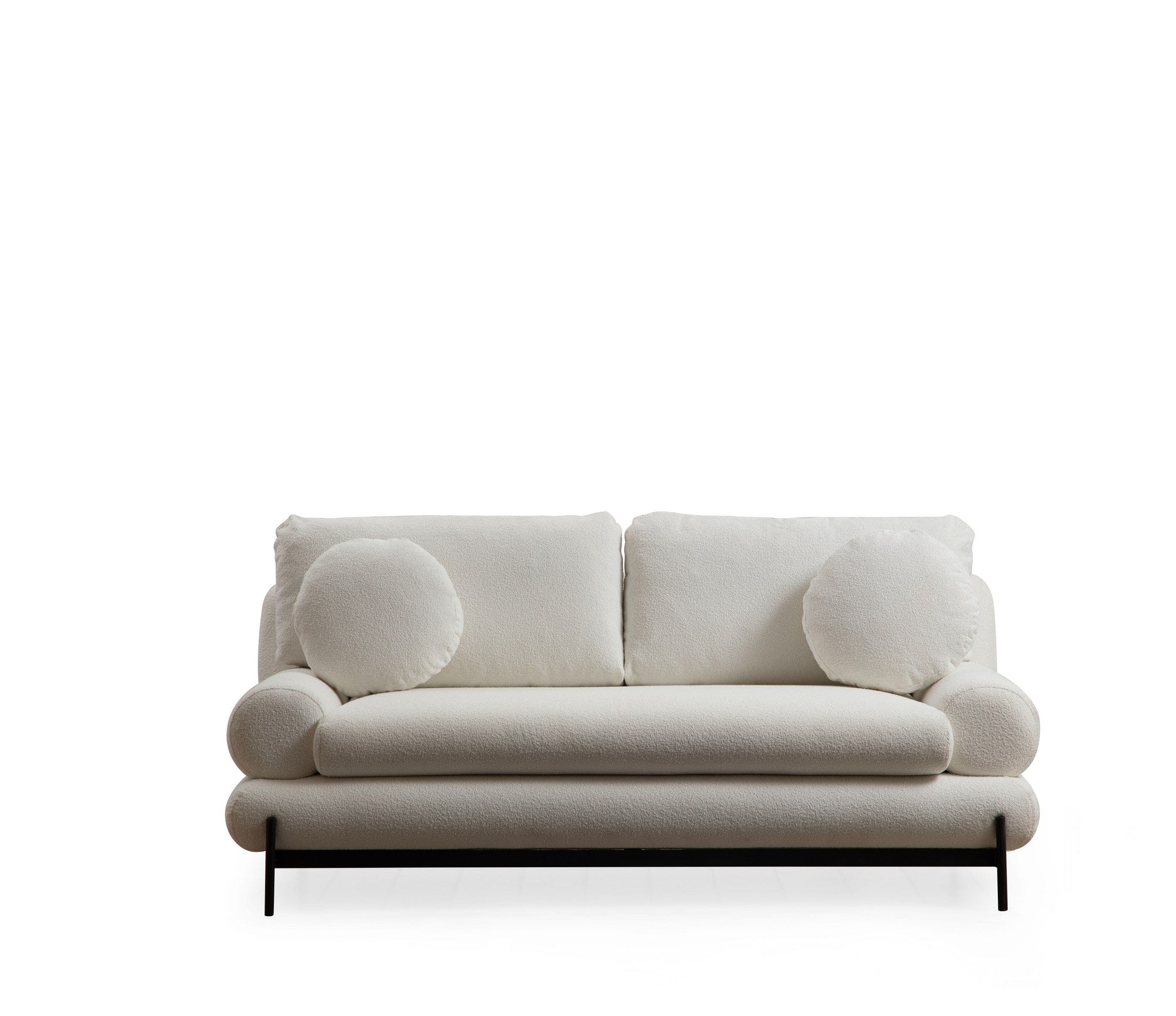 Sofá elegante de 2 lugares, branco, 188 x 85 x 92 cm | Estrutura em madeira de faia e aglomerado, tecido 100% poliéster | Encosto em espuma cinza macia e silicone, inclui 2 almofadas