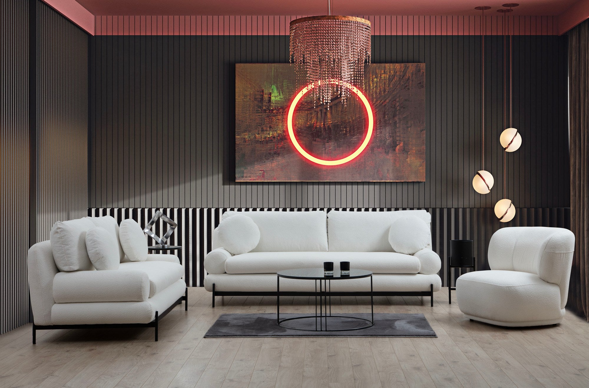 Sofá elegante de 3 lugares, branco, 230 cm | Estrutura em madeira de faia e aglomerado, tecido 100% poliéster | Encosto em espuma cinza macia e silicone, inclui 2 almofadas