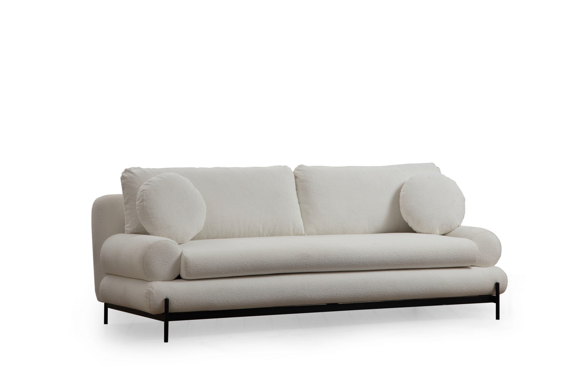 Sofá elegante de 3 lugares, branco, 230 cm | Estrutura em madeira de faia e aglomerado, tecido 100% poliéster | Encosto em espuma cinza macia e silicone, inclui 2 almofadas