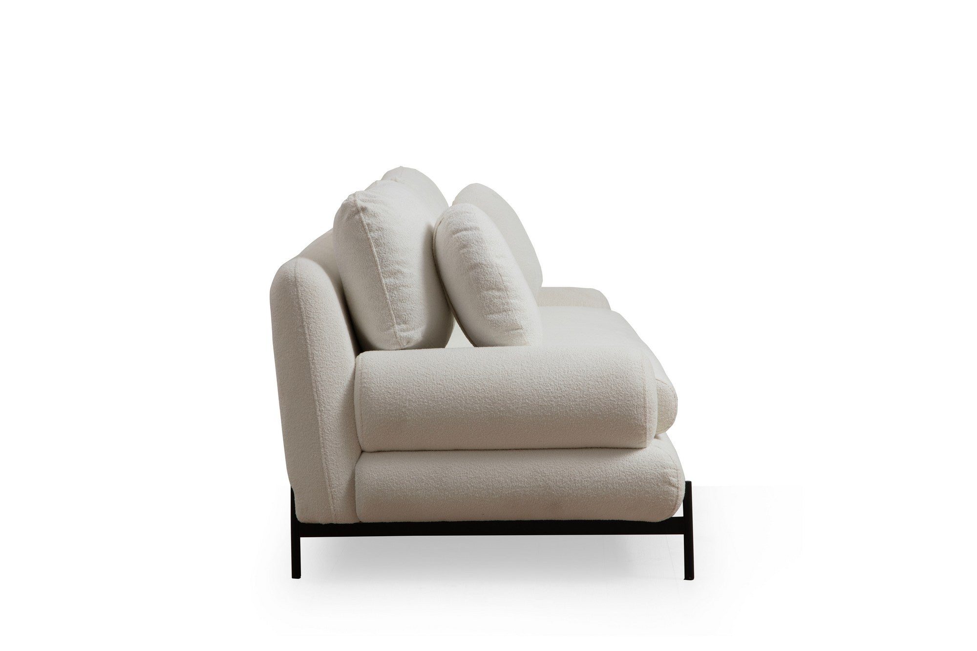 Sofá elegante de 3 lugares, branco, 230 cm | Estrutura em madeira de faia e aglomerado, tecido 100% poliéster | Encosto em espuma cinza macia e silicone, inclui 2 almofadas