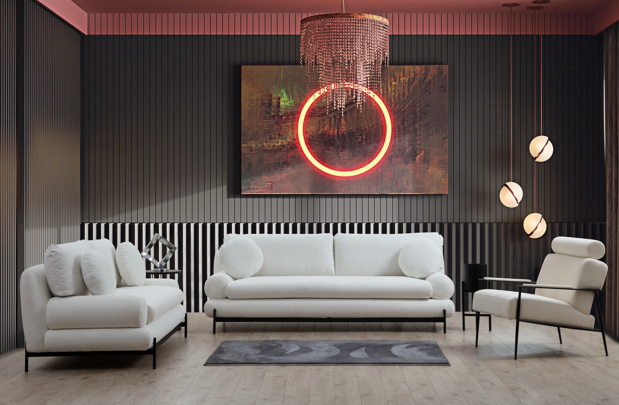Sofá elegante de 3 lugares, branco, 230 cm | Estrutura em madeira de faia e aglomerado, tecido 100% poliéster | Encosto em espuma cinza macia e silicone, inclui 2 almofadas