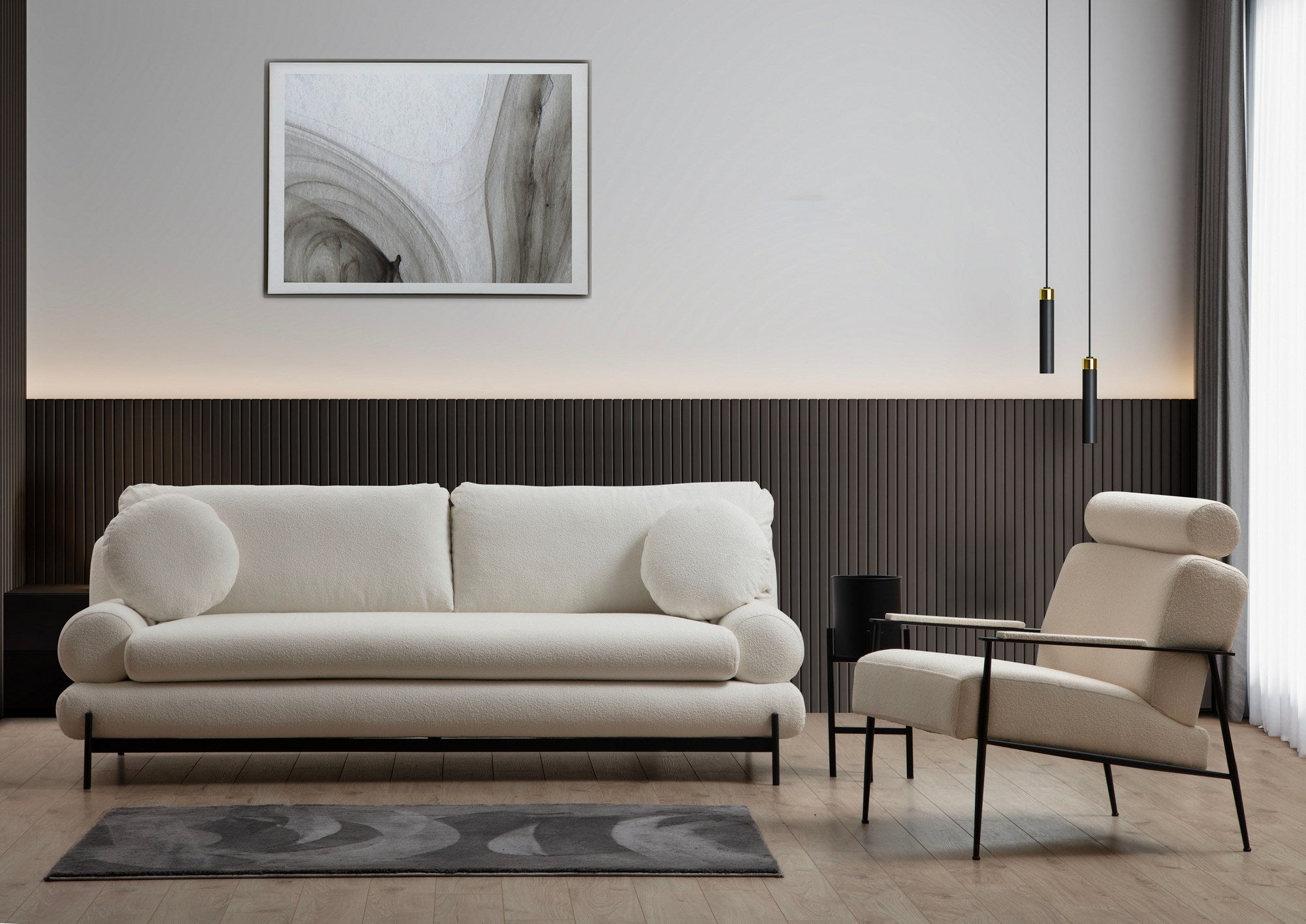 Sofá elegante de 3 lugares, branco, 230 cm | Estrutura em madeira de faia e aglomerado, tecido 100% poliéster | Encosto em espuma cinza macia e silicone, inclui 2 almofadas