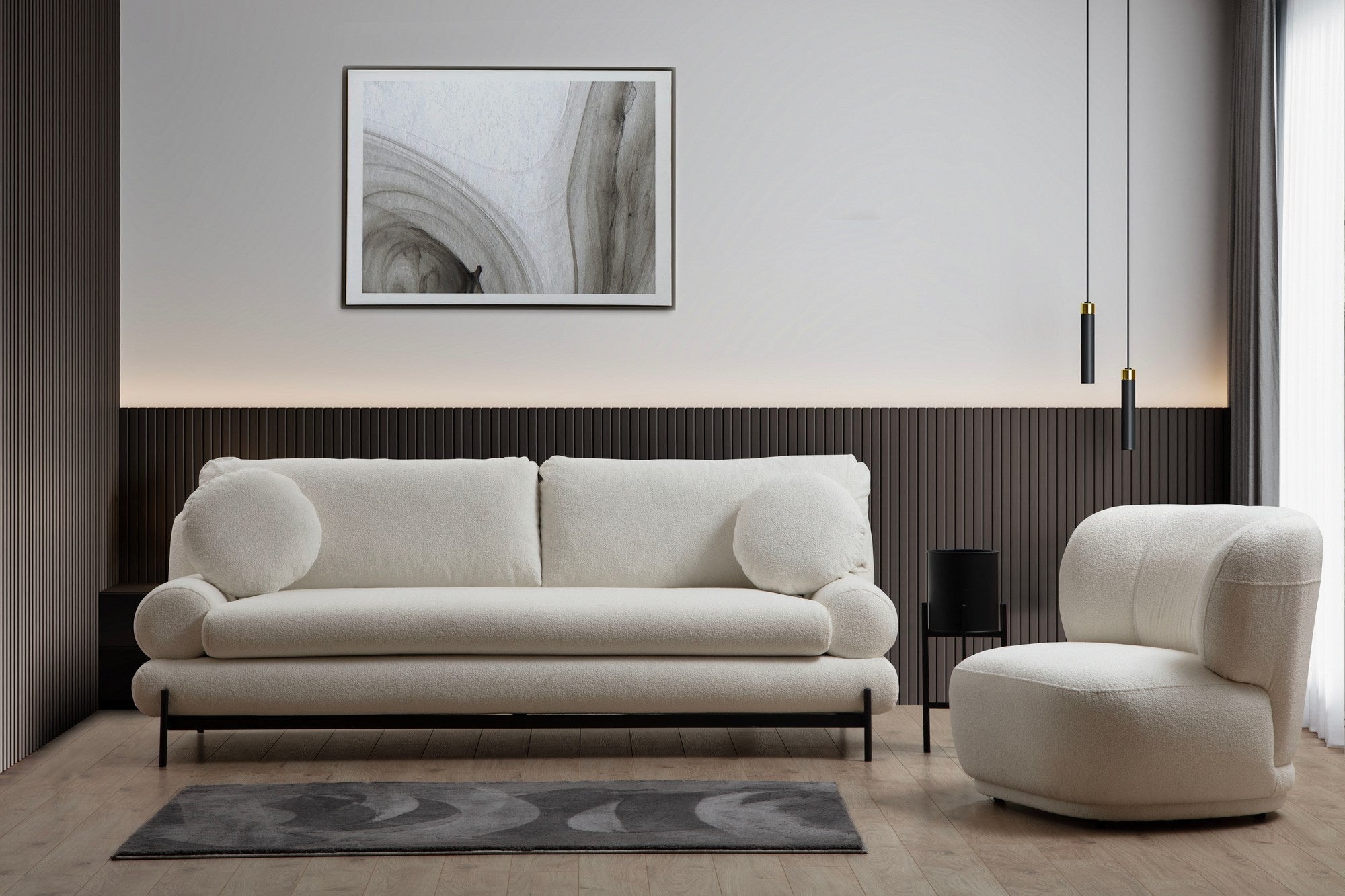 Sofá elegante de 3 lugares, branco, 230 cm | Estrutura em madeira de faia e aglomerado, tecido 100% poliéster | Encosto em espuma cinza macia e silicone, inclui 2 almofadas