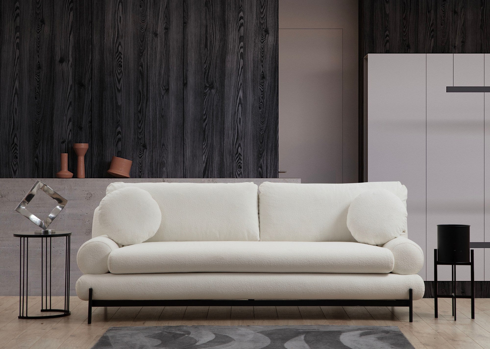 Sofá elegante de 3 lugares, branco, 230 cm | Estrutura em madeira de faia e aglomerado, tecido 100% poliéster | Encosto em espuma cinza macia e silicone, inclui 2 almofadas