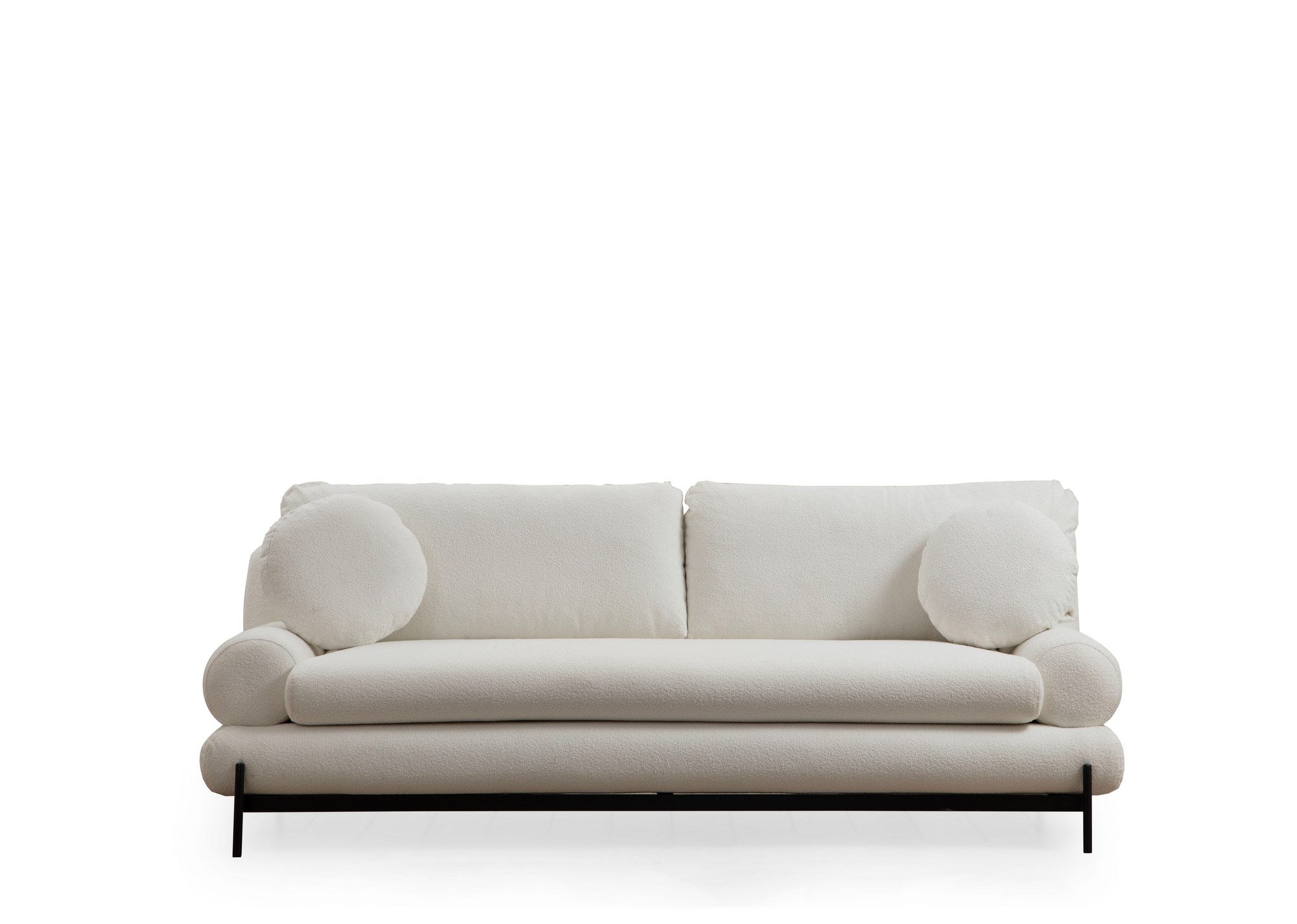 Sofá elegante de 3 lugares, branco, 230 cm | Estrutura em madeira de faia e aglomerado, tecido 100% poliéster | Encosto em espuma cinza macia e silicone, inclui 2 almofadas