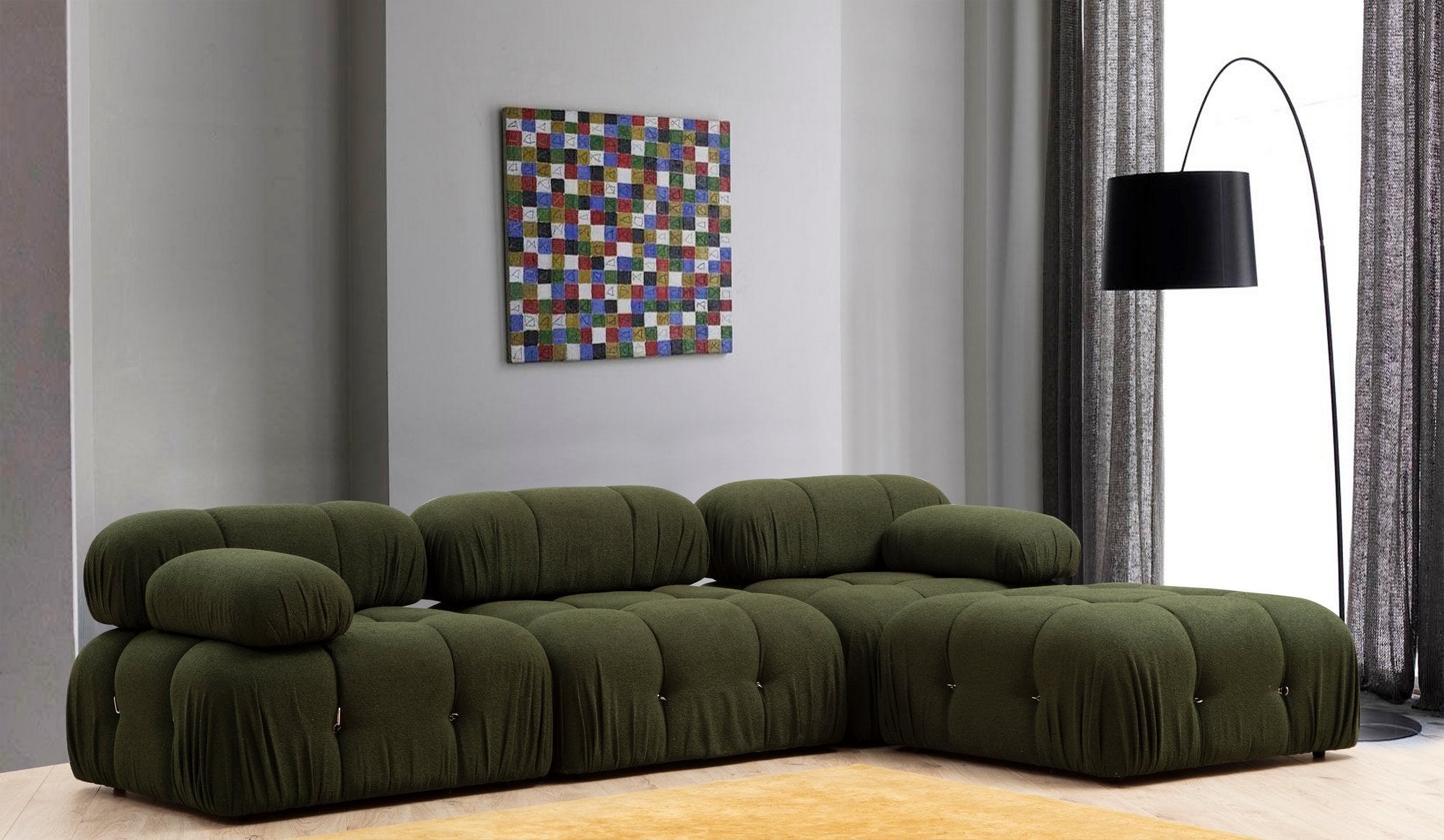 Sofá elegante de 1 lugar, verde, 95x95x75 cm | Estrutura em madeira de faia e aglomerado, 100% poliéster, encosto e braço removíveis | Perfeito para decoração escandinava e hoteleira