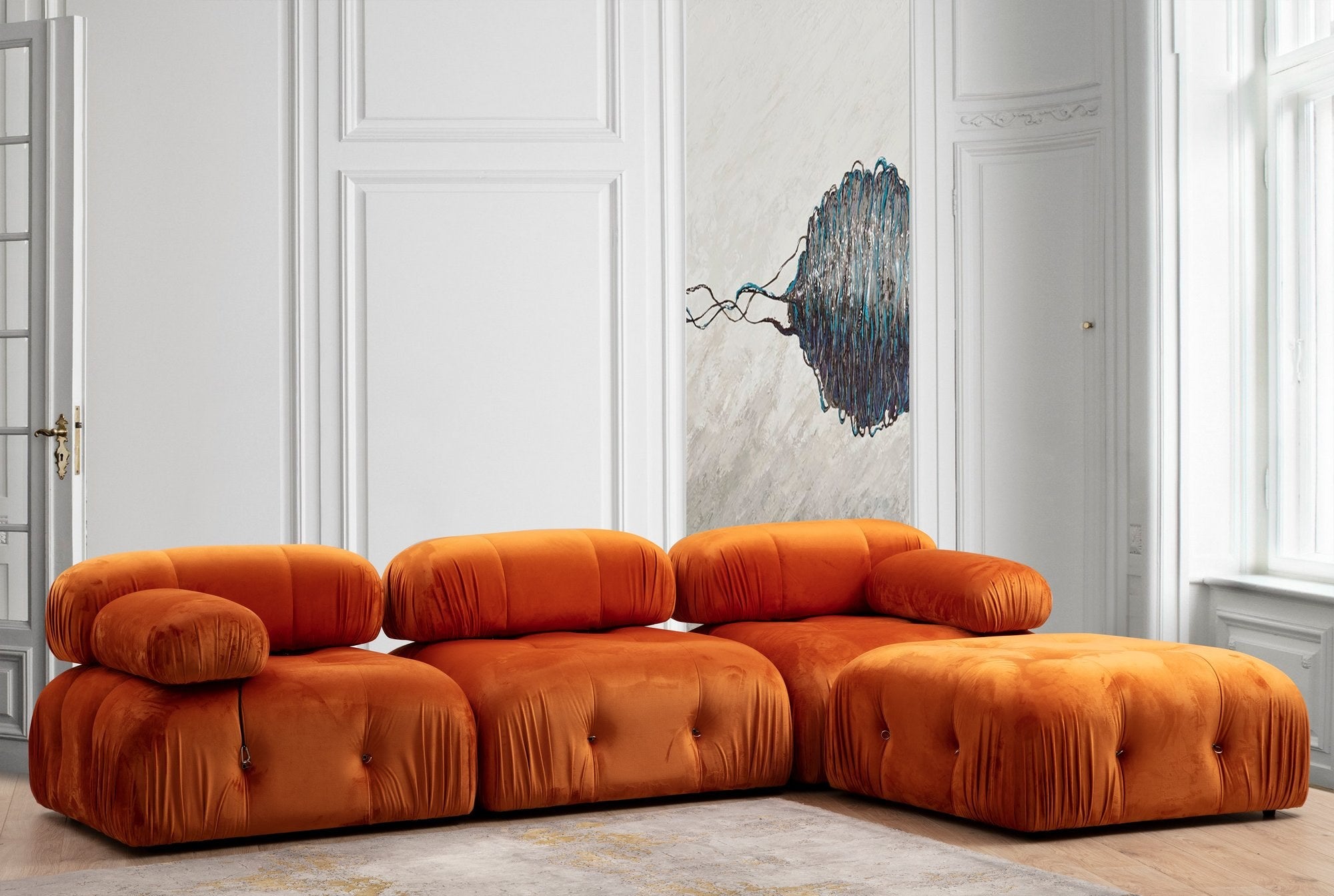 Sofá elegante de 1 lugar, laranja, 95x95x75 cm | Estrutura em madeira de faia e aglomerado, 100% poliéster, encosto e braço removíveis | Perfeito para hotéis modernos e espaços de entretenimento