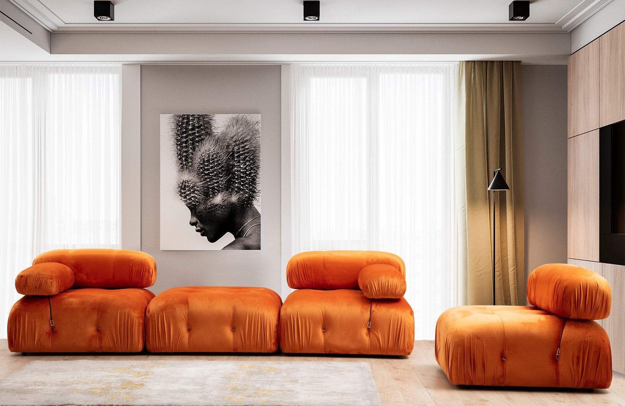 Sofá elegante de 1 lugar, laranja, 95x95x75 cm | Estrutura em madeira de faia e aglomerado, 100% poliéster, encosto e braço removíveis | Perfeito para hotéis modernos e espaços de entretenimento