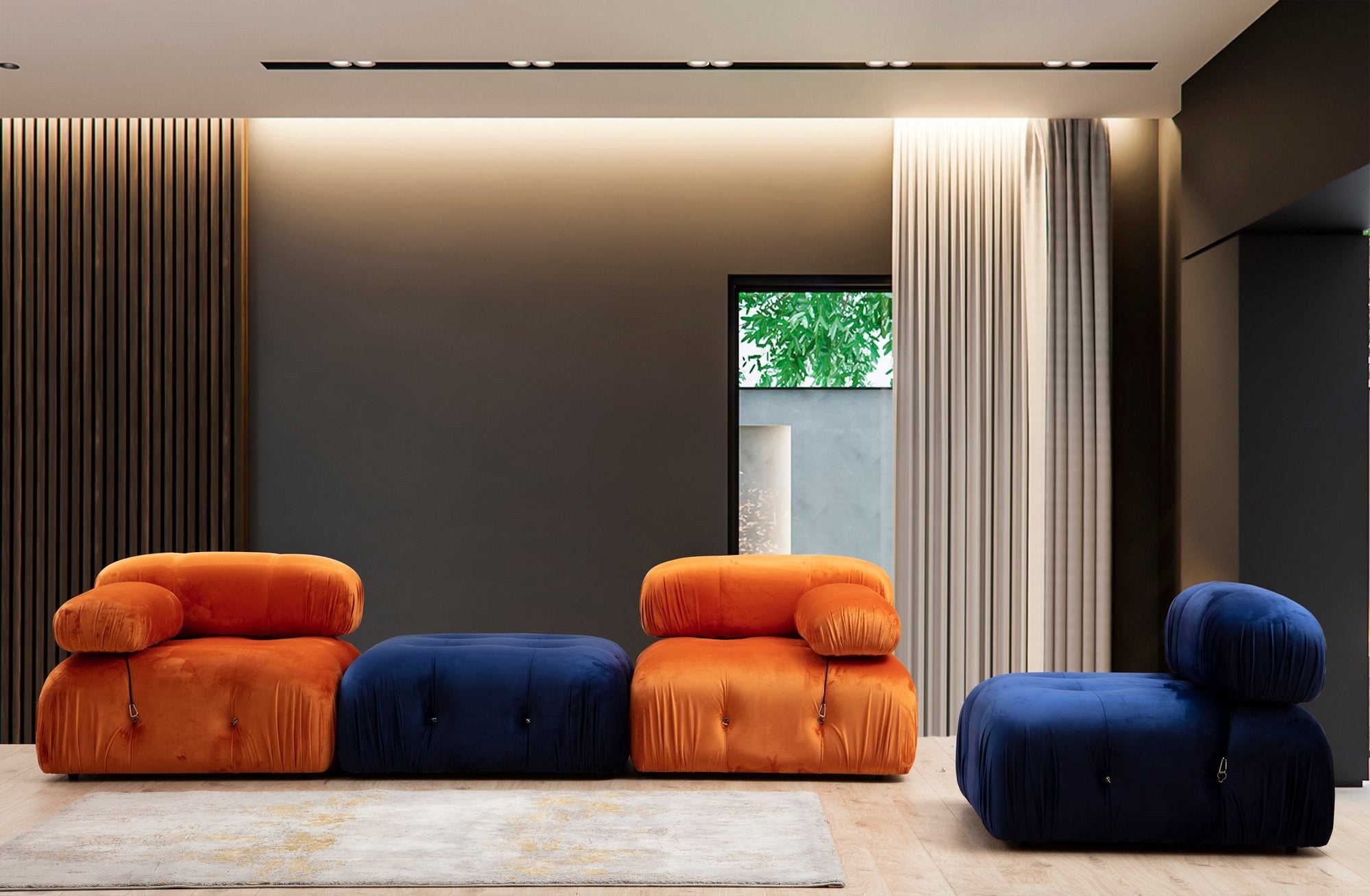 Sofá elegante de 1 lugar, laranja, 95x95x75 cm | Estrutura em madeira de faia e aglomerado, 100% poliéster, encosto e braço removíveis | Perfeito para hotéis modernos e espaços de entretenimento