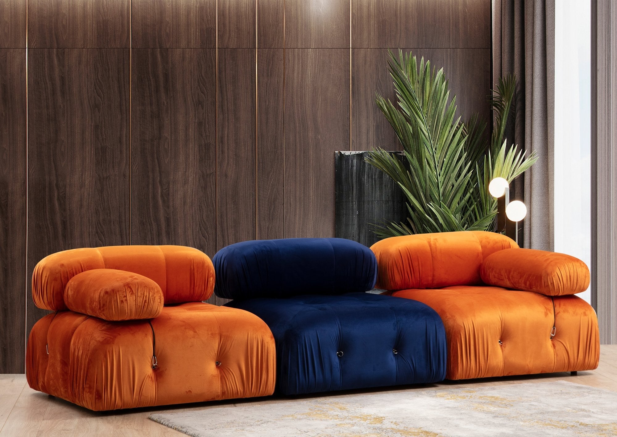 Sofá elegante de 1 lugar, laranja, 95x95x75 cm | Estrutura em madeira de faia e aglomerado, 100% poliéster, encosto e braço removíveis | Perfeito para hotéis modernos e espaços de entretenimento