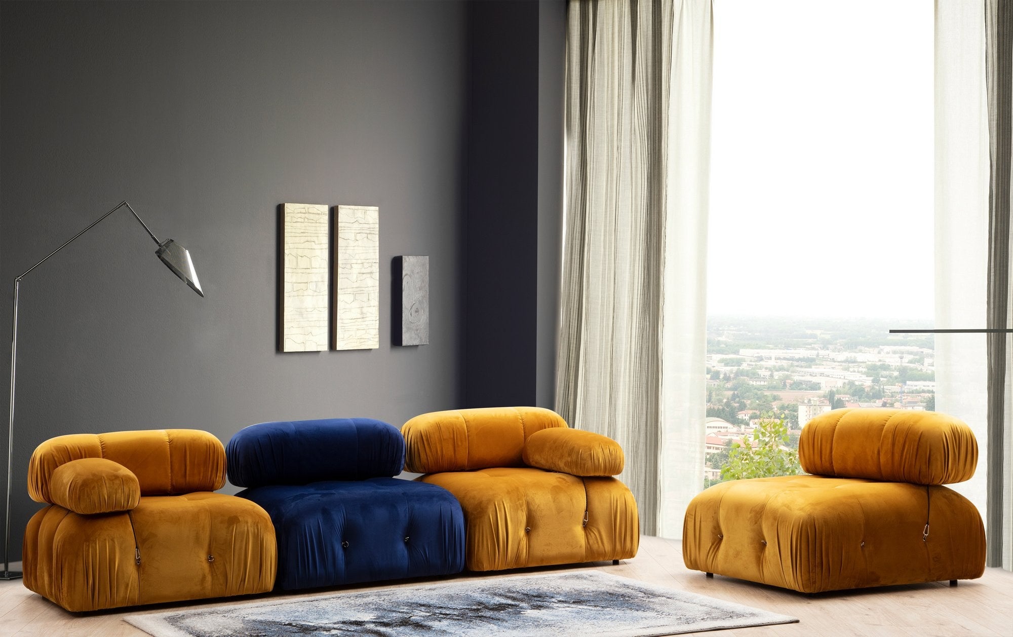 Sofá elegante de 1 lugar, azul, 95 x 95 x 75 cm | Estrutura em madeira de faia, 100% poliéster, encosto removível, almofada de espuma macia | Perfeito para espaços modernos