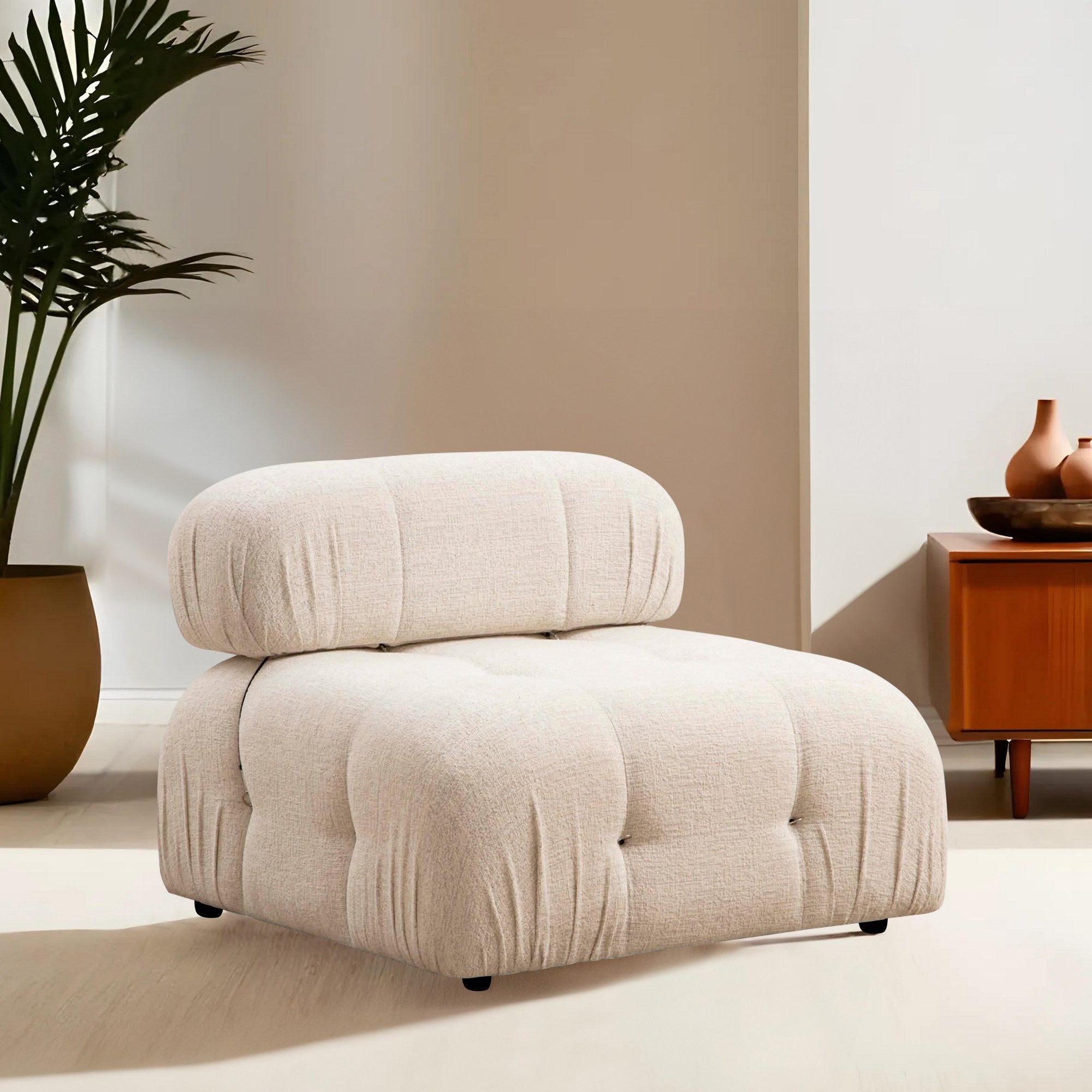 Sofá elegante de 1 lugar, creme, 95 x 95 x 75 cm | Estrutura em madeira de faia, 100% poliéster, encosto removível, espuma macia | Perfeito para decoração escandinava e hoteleira