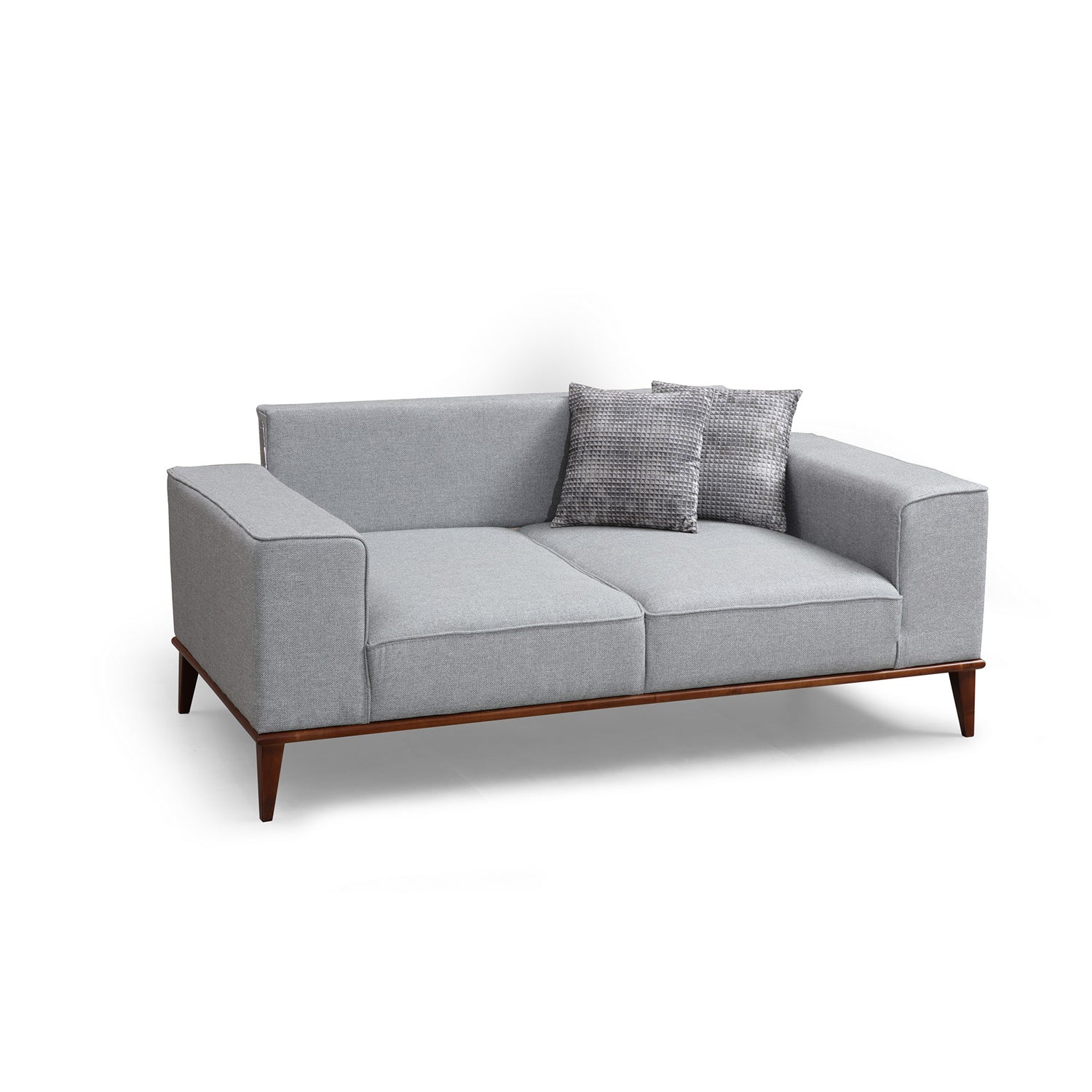 Sofá-cama elegante de 2 lugares, poliéster cinza, 184 x 91 x 85 cm | Estrutura em madeira de faia, pernas em nogueira, almofadas confortáveis de espuma | Perfeito para espaços modernos